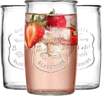 Glaver's Drinking Glasses Set of 4, Vintage Italian Style – Elegant 20 Oz Clear Tumbler Glassware Set– Genuine Artisan-Made for, Refreshing Drinks, Beverages, Cocktails.