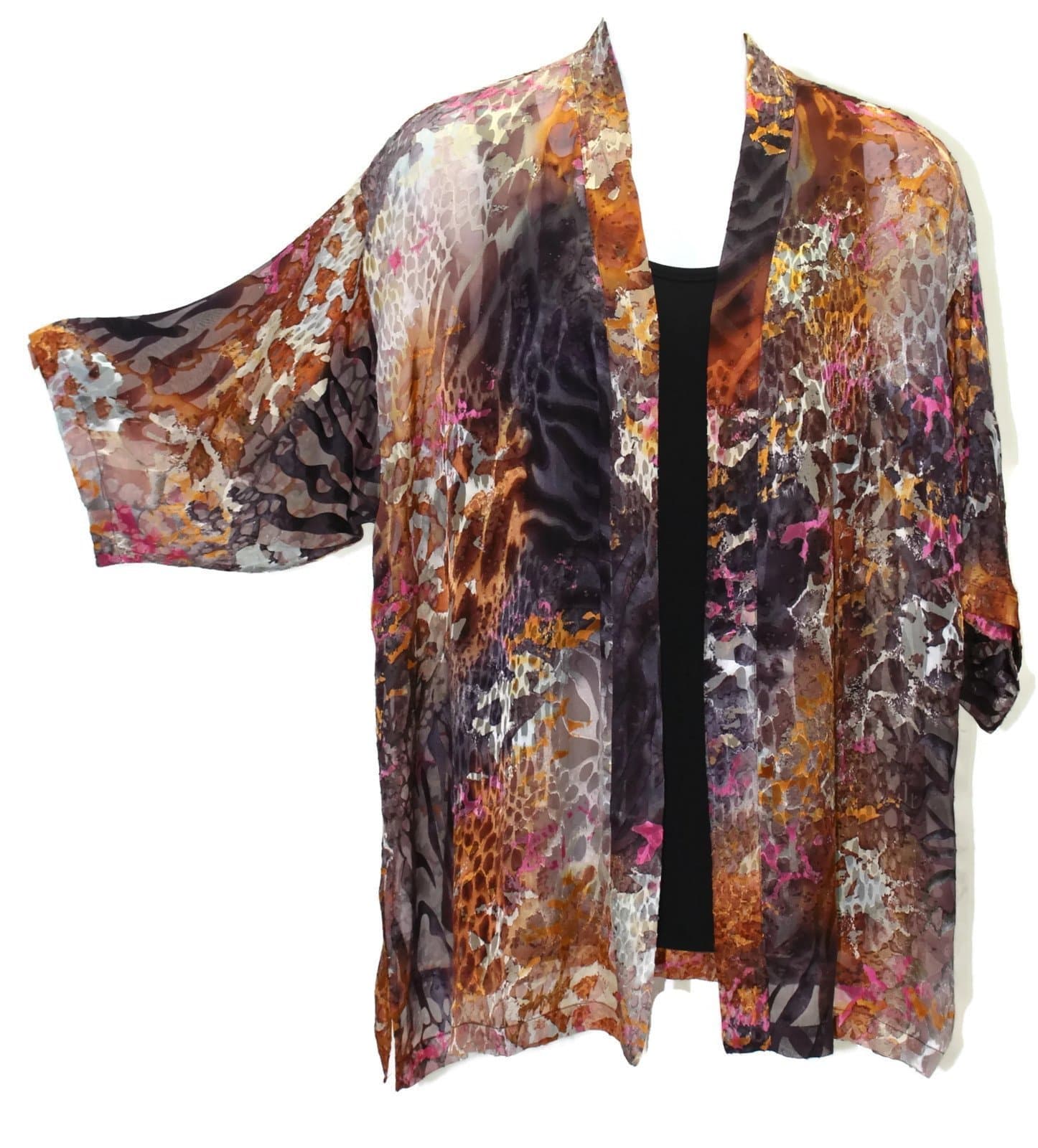 Women's Hand Painted Burnout Silk Kimono Jacket Plus Size Art to Wear