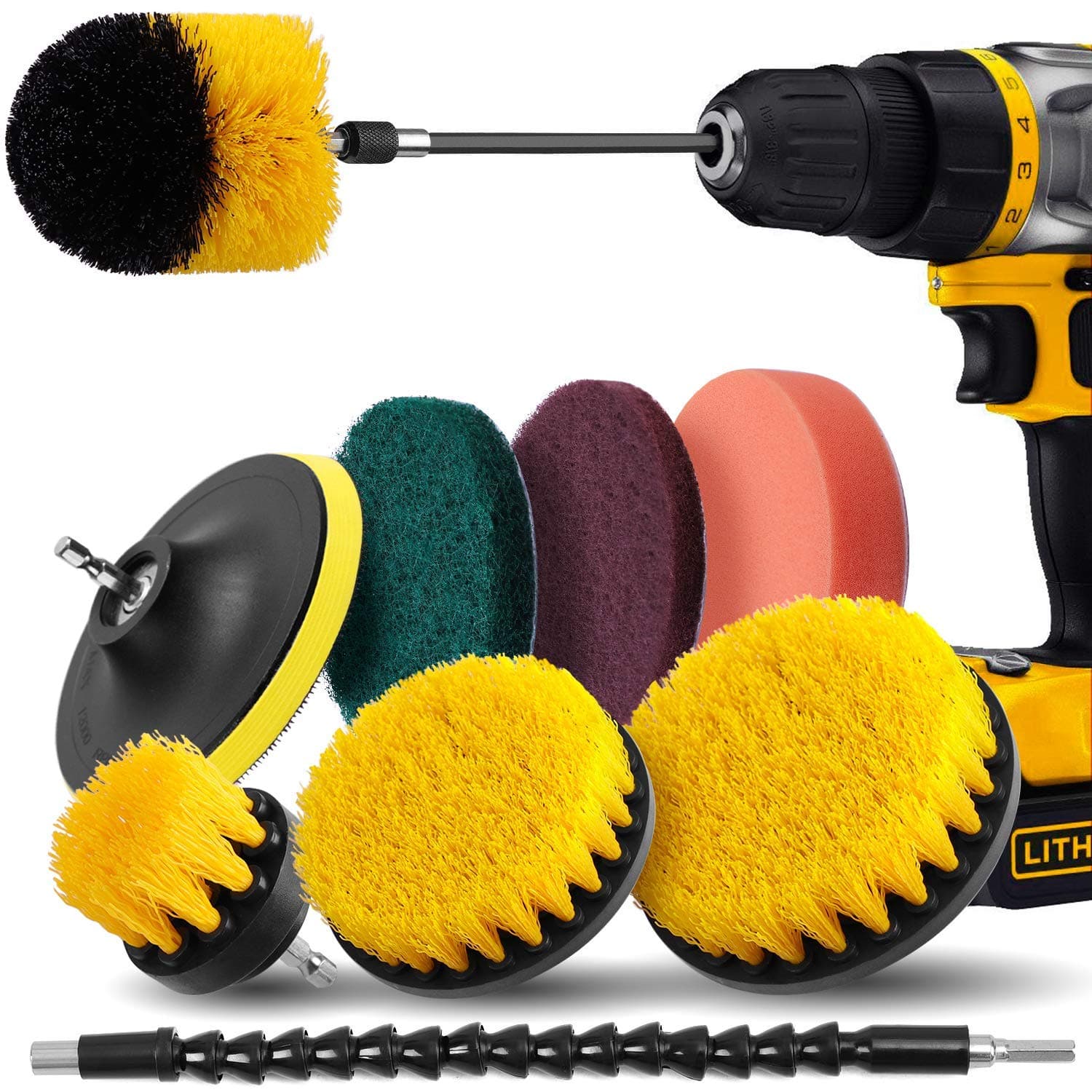Drill Brush Attachment Set - Drill Brush Power Scrubber 10 Piece, Scrub Pads & Sponge, Extend Long Attachment, Cleaning Brushes for Shower, Bathroom, Carpet, Grout, Tiles, Sinks, Car
