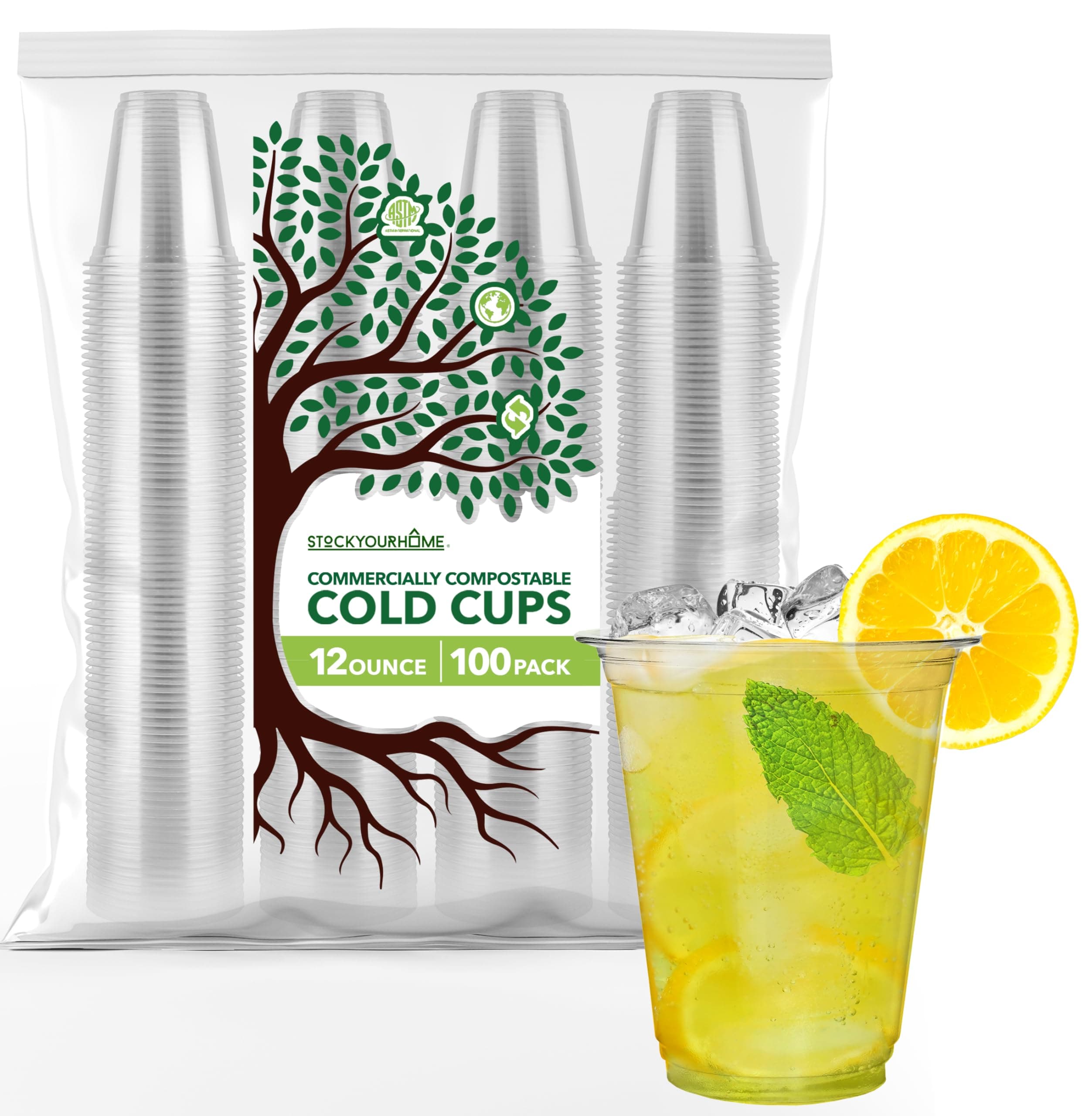 12 oz Clear Commercially Compostable Cold Cups (100 Pack), Eco Party Cup, Environmentally Friendly Disposable Sustainable for Water, Wine, Beer Sample