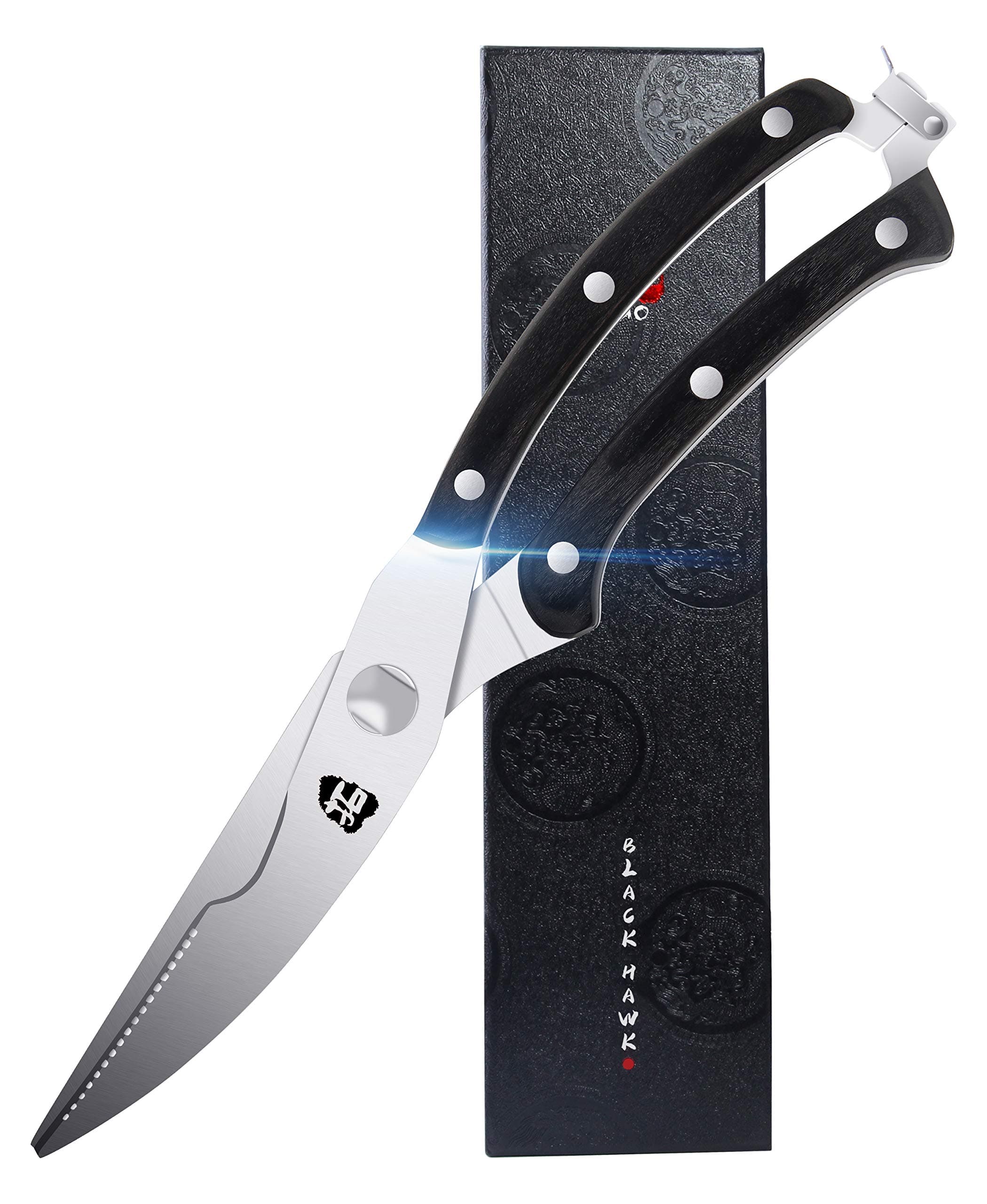 TUO Kitchen Shears - Kithcen Heavy Duty Food Scissors Multi-functional Shears for Poultry Seafood Veggies - German Steel & Pakkawood Handle - Black Hawk Series with Gift Box