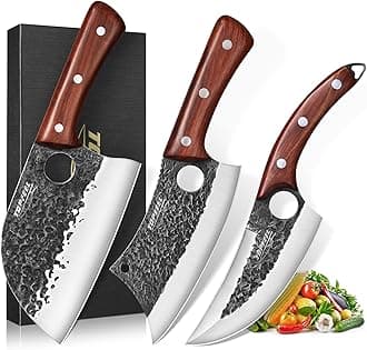 Topfeel 3PCS Butcher Knife Set, Hand Forged Serbian Chef Knives & Meat Cleaver & Viking Knives, Meat Cutting Kitchen Knife Set for Home, Outdoor Cooking, Camping BBQ Gift Idea Men
