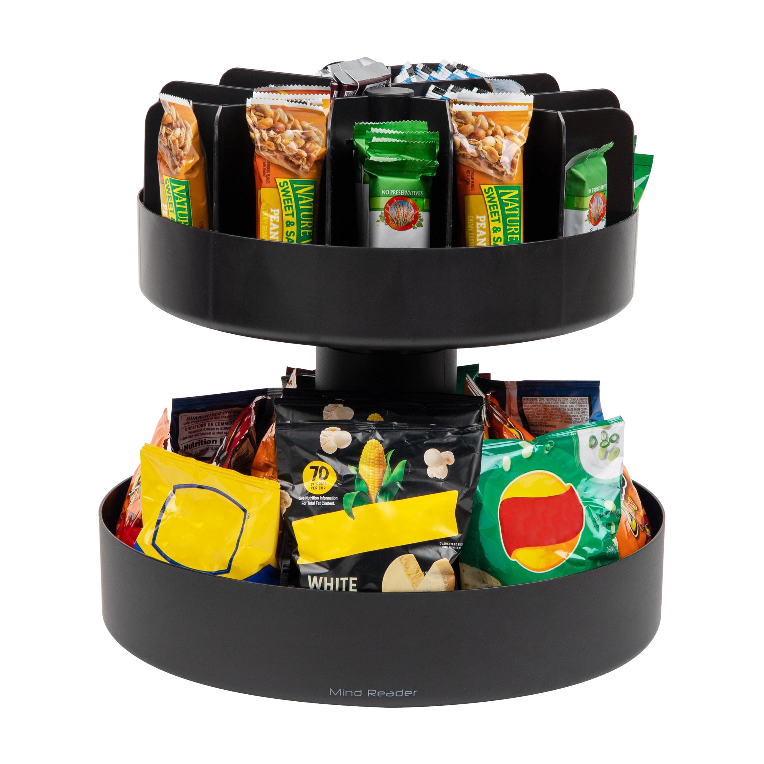 Mind Reader 2-Tier Snack Carousel, Countertop Organizer, Snack Tray, Breakroom, Kitchen, 14.25" L x 14.25" W x 14" H, Black
