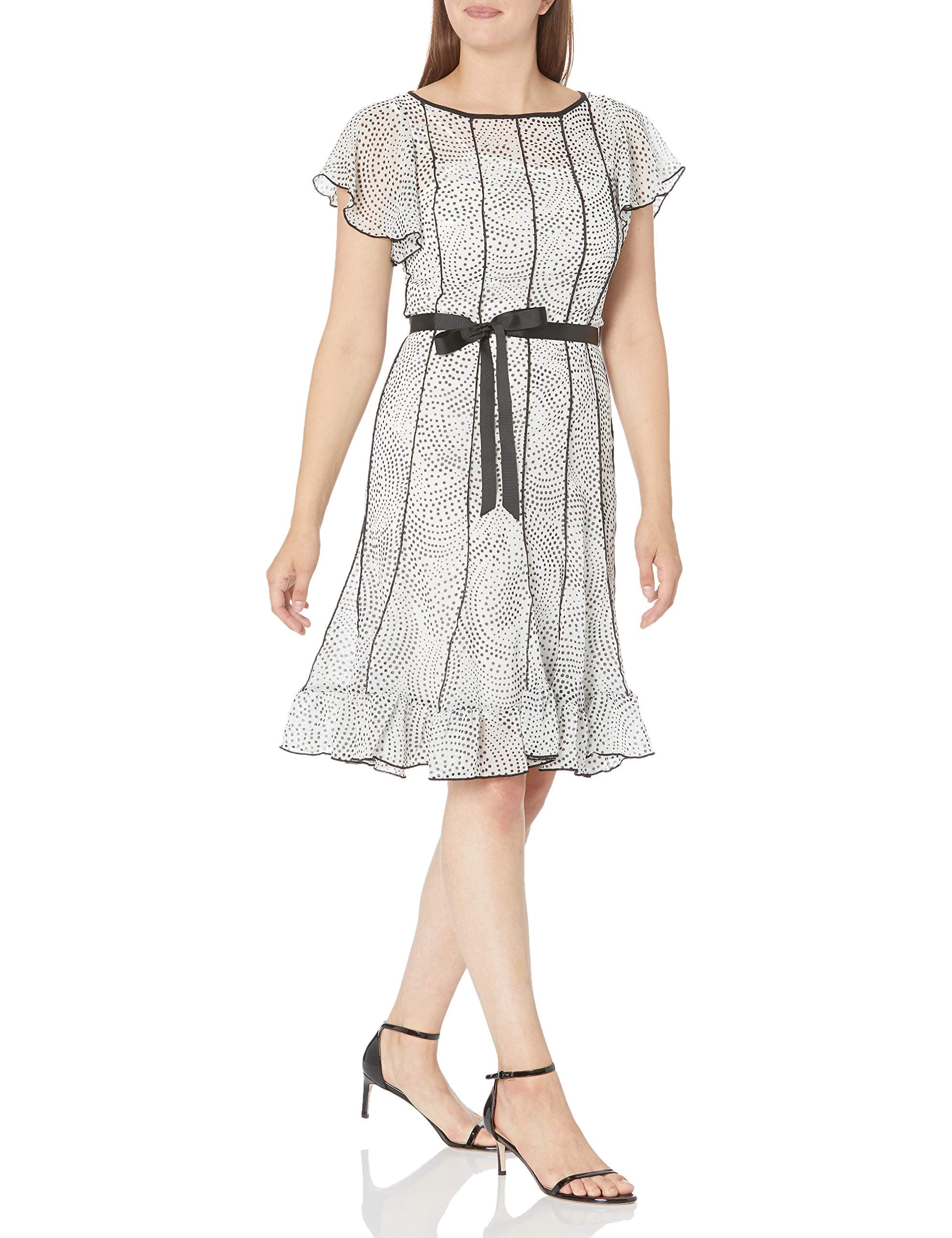 Sandra Darren womens 1 PC Flutter Sleeve Printed Georgette Belted Flare Dress Business Casual Dress