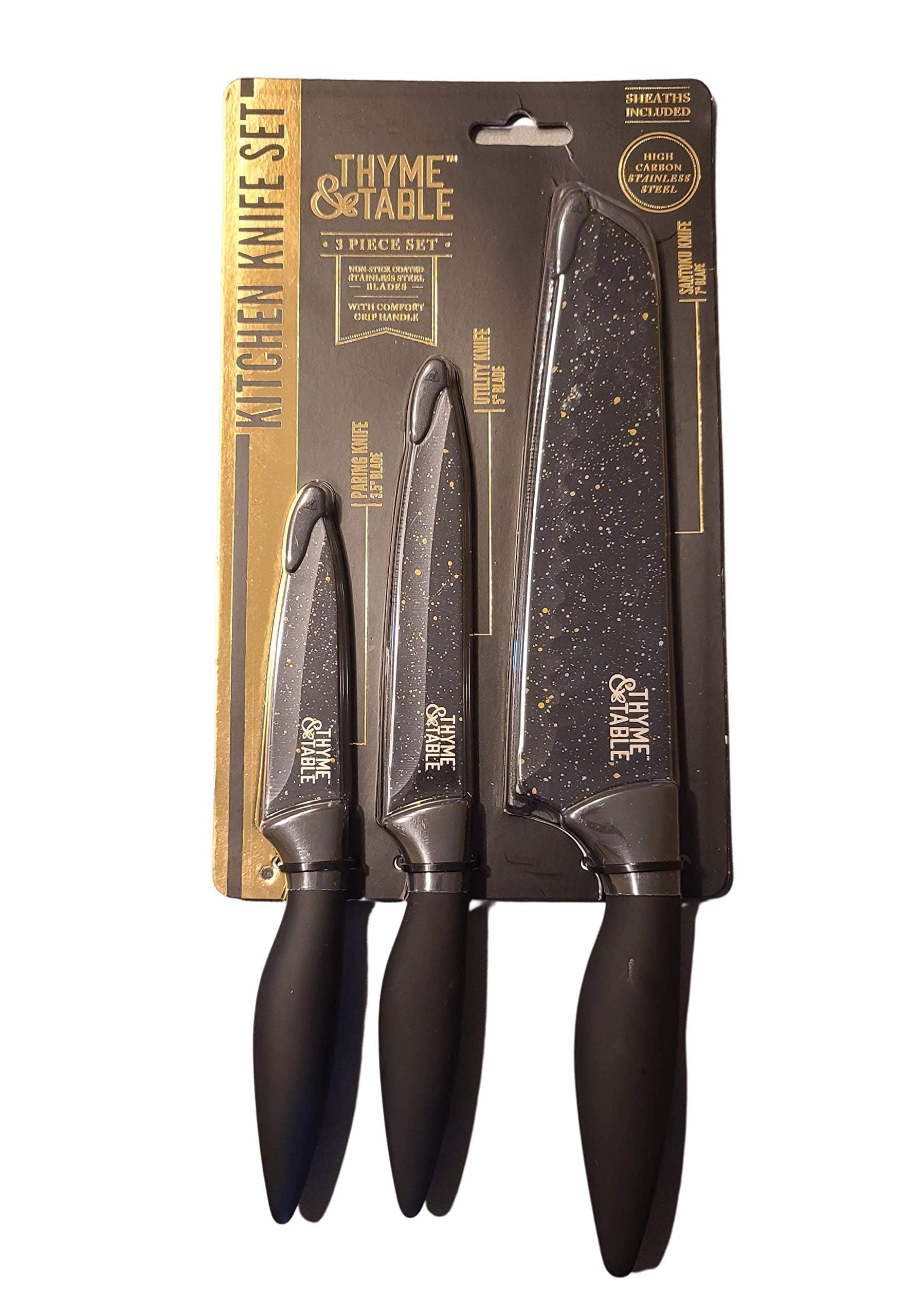 Thyme & Table3 Piece Chef Knife Set Non Stick Stainless Steel with Santoku Knife Comfort Grip Handle
