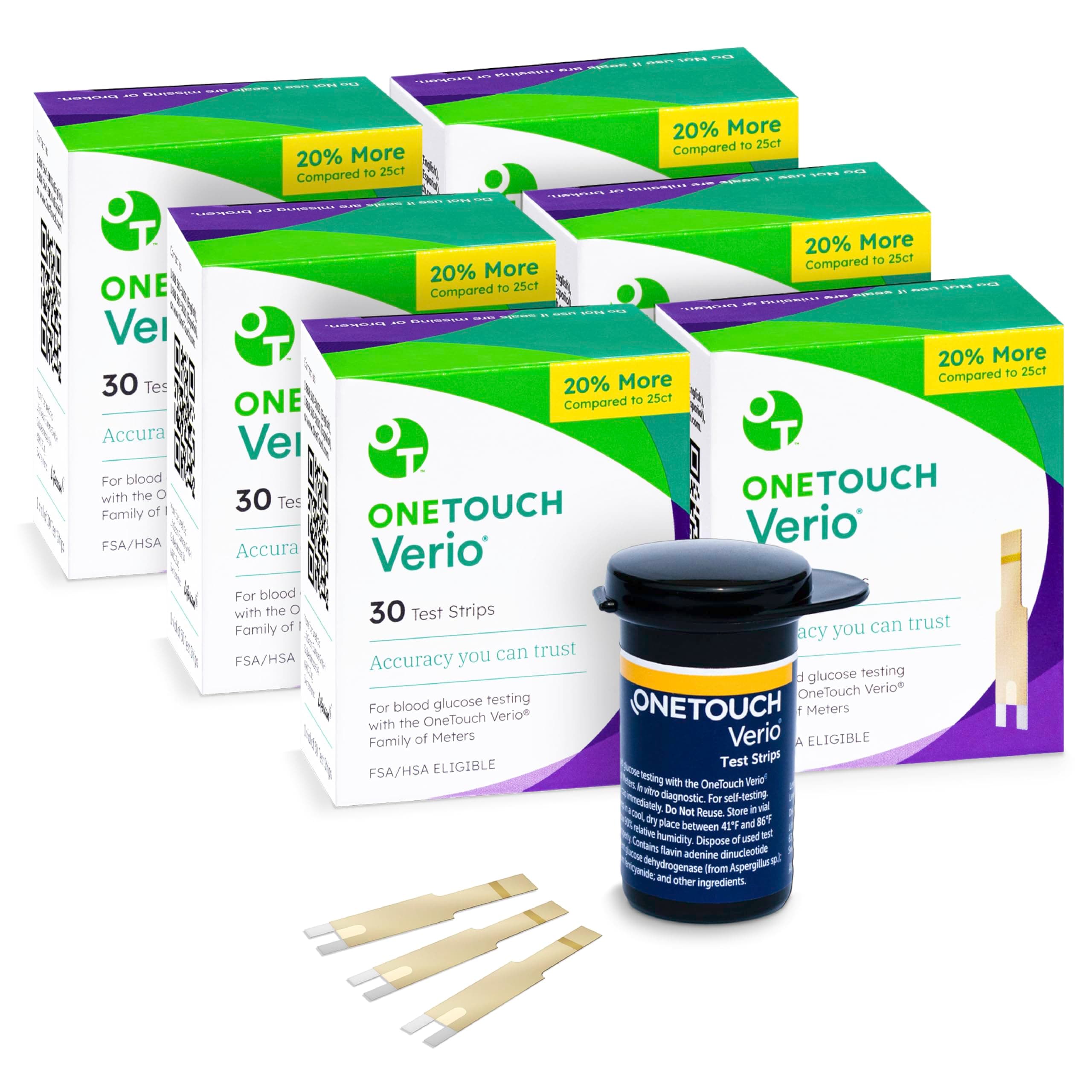 OneTouch Verio Test Strips - 180 Count - Diabetic Test Strips for Blood Glucose Meter & Daily Blood Sugar Levels - 30 Count/Pack (6 Pack)