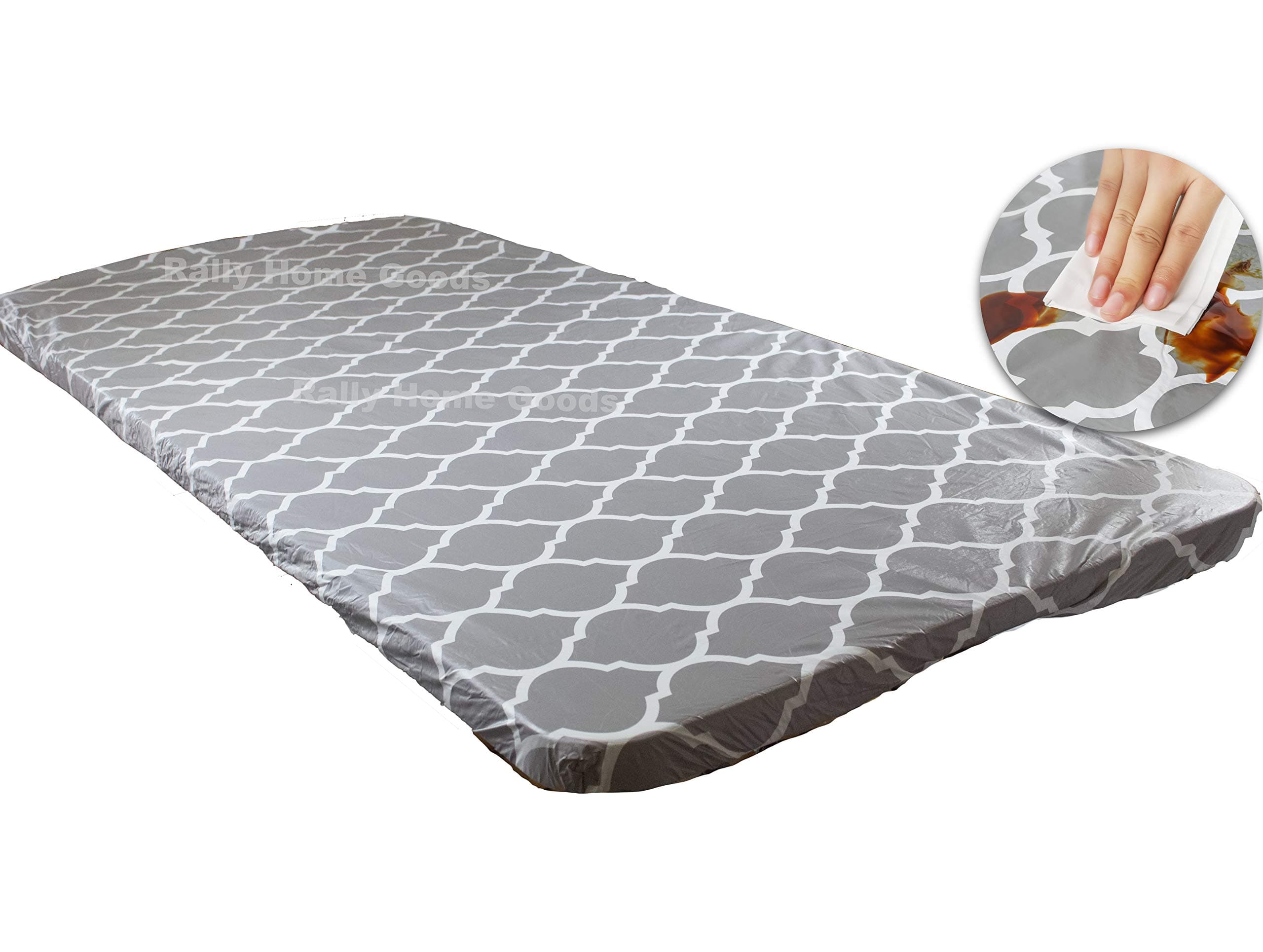 Rally Home Goods Outdoor Fitted Vinyl Rectangular Tablecloth with Flannel Backing for 6 FT Table (30 x 72''), Waterproof Wipeable Cover, Gray Trellis Pattern for Camping Parties Picnic