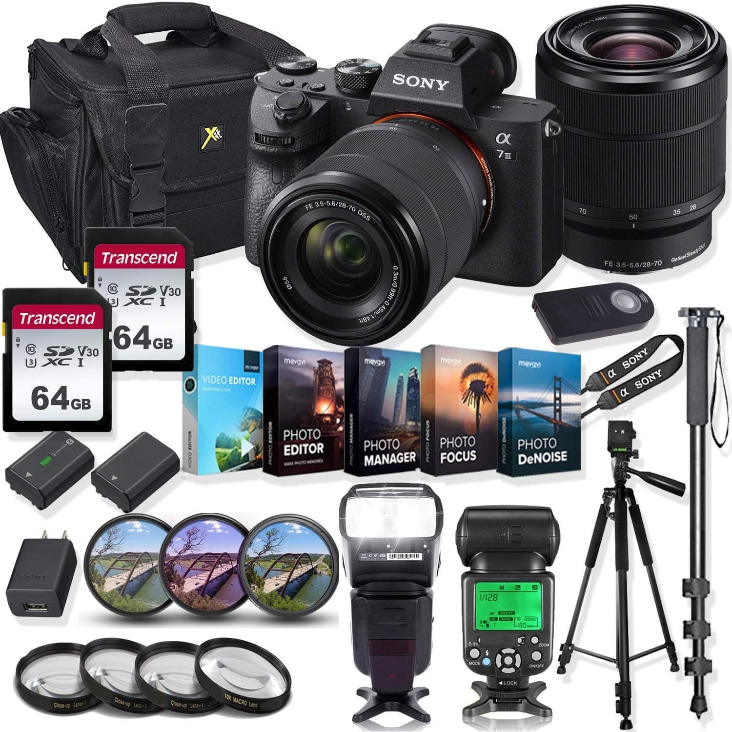 Alpha a7 III Mirrorless Digital SLR Camera with 28-70mm Lens Kit + Prime TTL Accessory Bundle with 128GB Memory & Photo/Video Editing Software