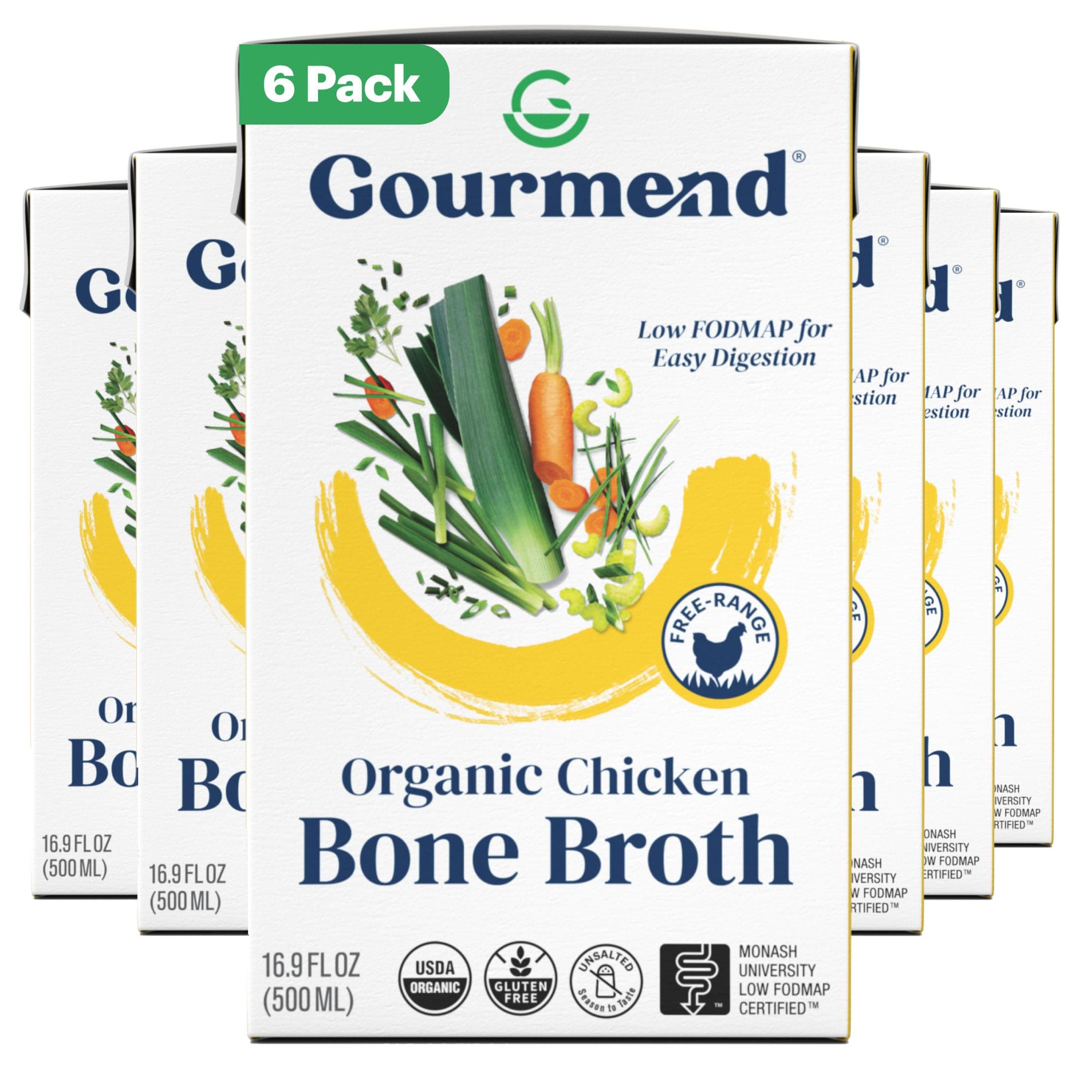 Organic Unsalted 16.9oz Chicken Bone Broth (6 Pack) – 7 Ingredients, Low FODMAP Certified, Filler Free, Gluten Free, Onion & Garlic Bulb Free
