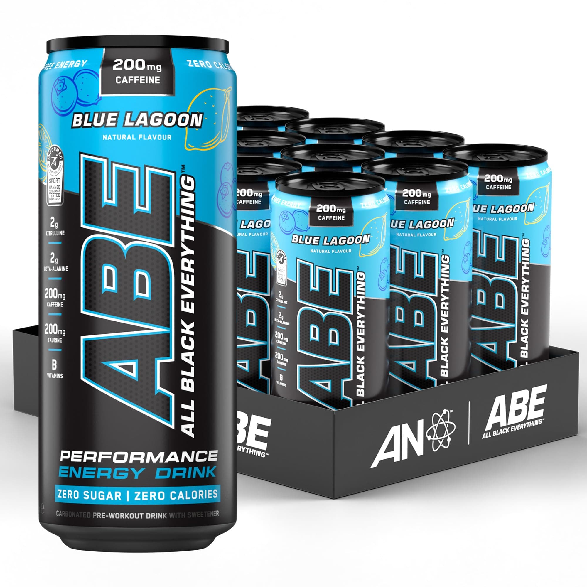 Applied Nutrition ABE Pre Workout Cans - All Black Everything Energy + Performance Drink, ABE Carbonated Beverage Sugar Free with Caffeine (Pack of 12 Cans x 330ml) (Blue Lagoon)