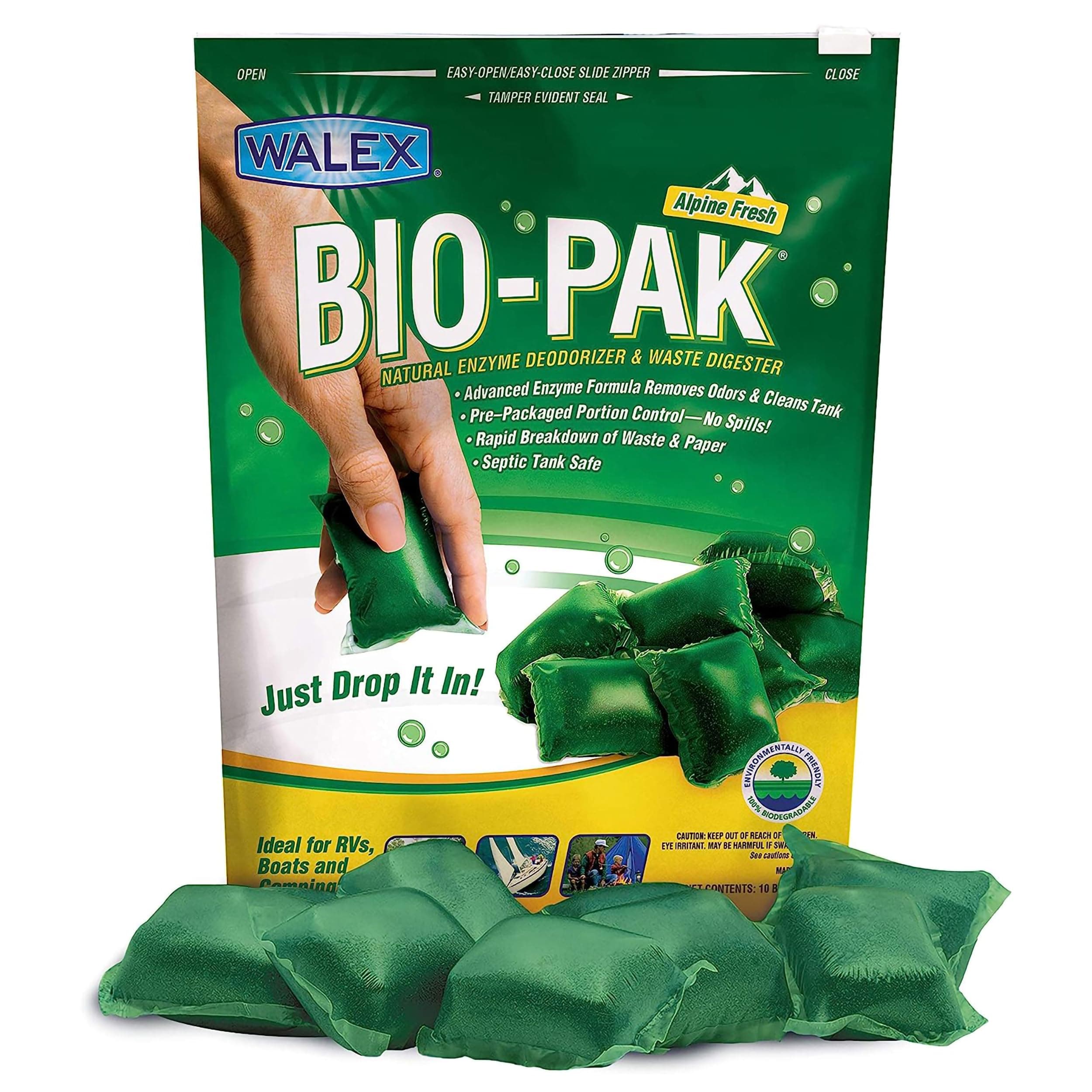 Bio-Pak Black Holding Tank Deodorizer & Waste Digester Drop-Ins - Advanced Enzyme Formula for Rapid Breakdown of Waste & Paper, Removes Odors & Cleans Tank; Alpine Fresh, 10-Pack