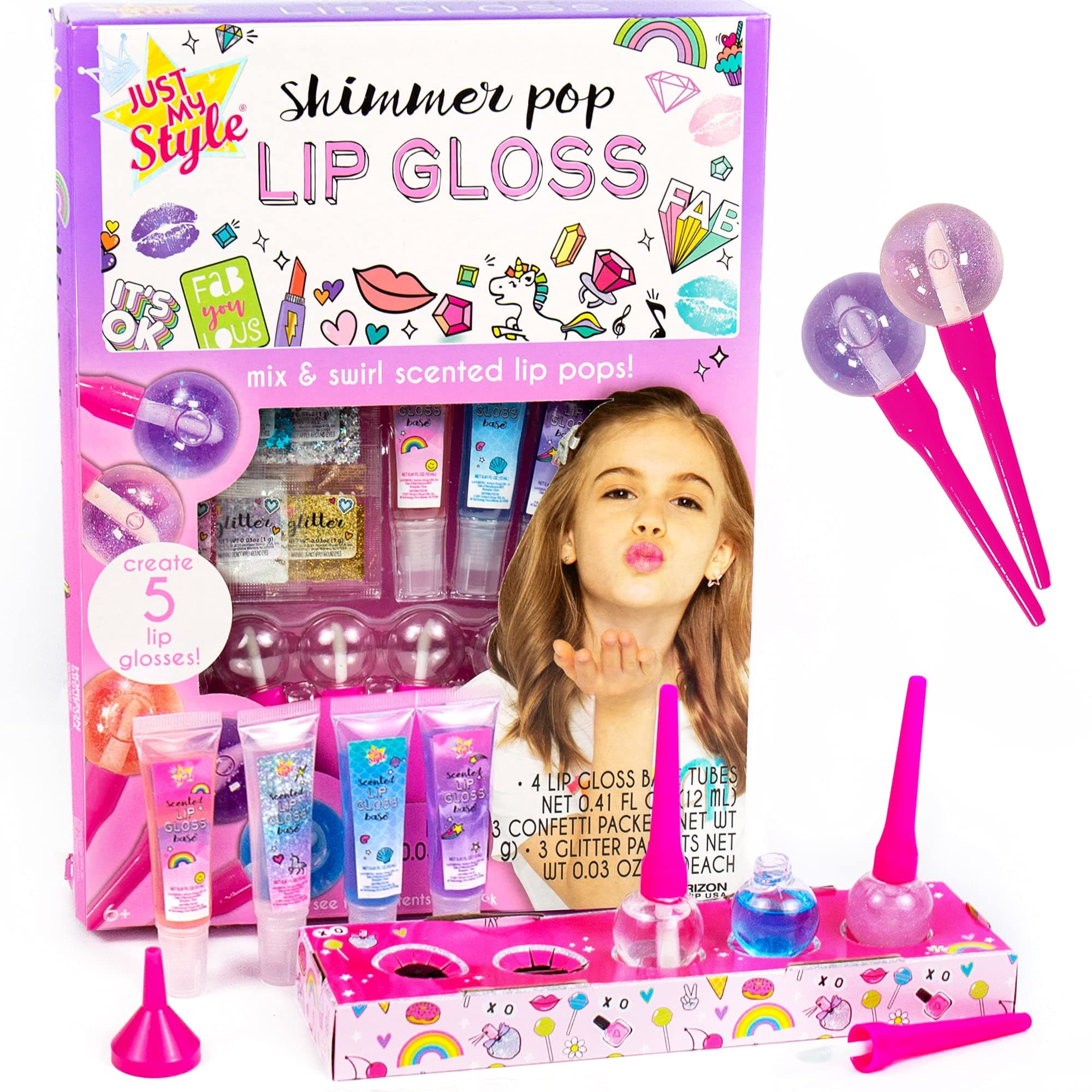 Just My Style Shimmer Pop DIY Lip Gloss Kit, Create 5 Lollipop-Shaped Glosses, Includes Funnel, Empty Containers, Sweet Base, Body Glitter & More, Multi (208316J)