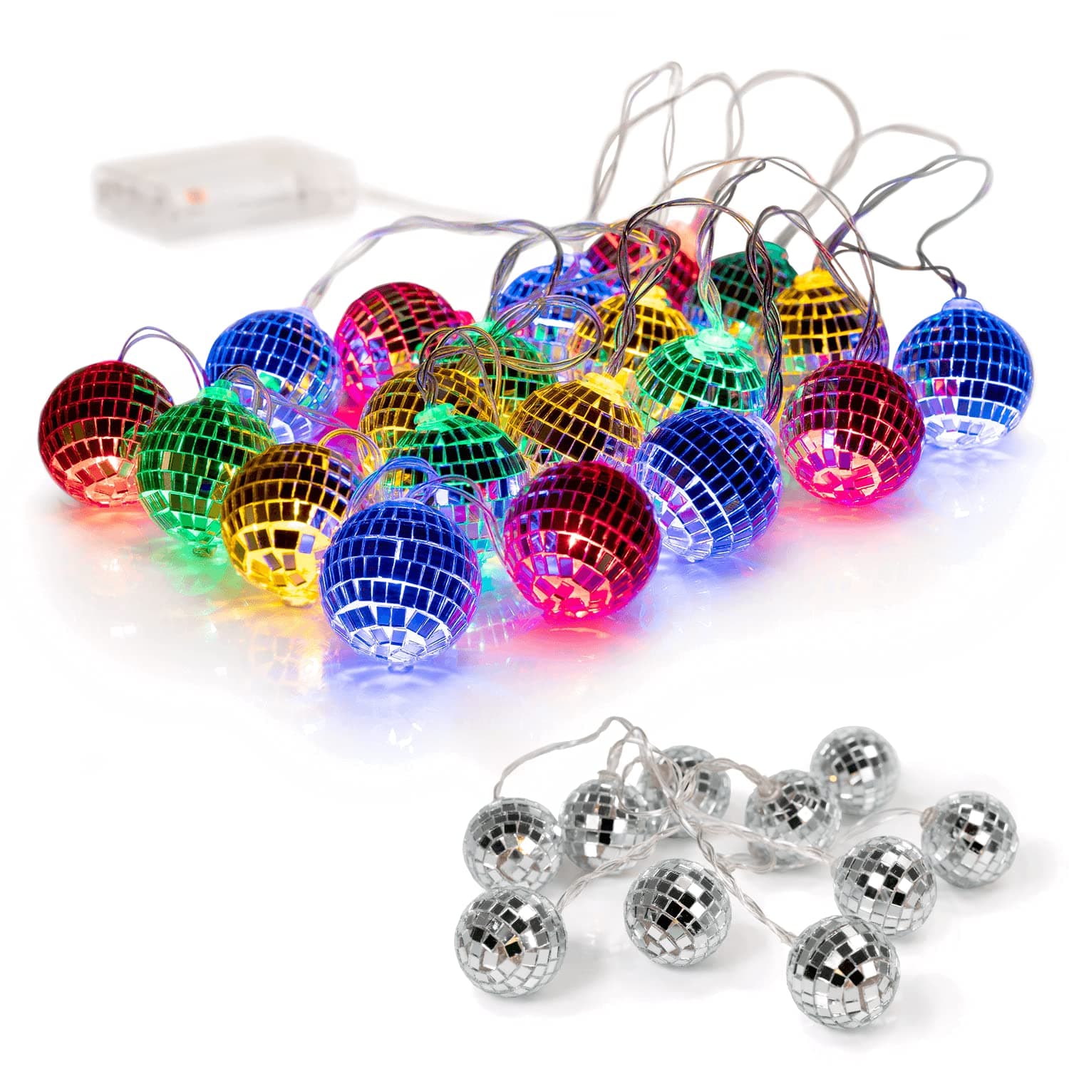 20 LED 2" Disco Balls String Lights 10.5ft, Memory Timer, Battery Operated Portable Decorative Novelty Christmas Holiday Hanging Fairy Light Garland Indoor/Outdoor, Silver Mirror/Colorful