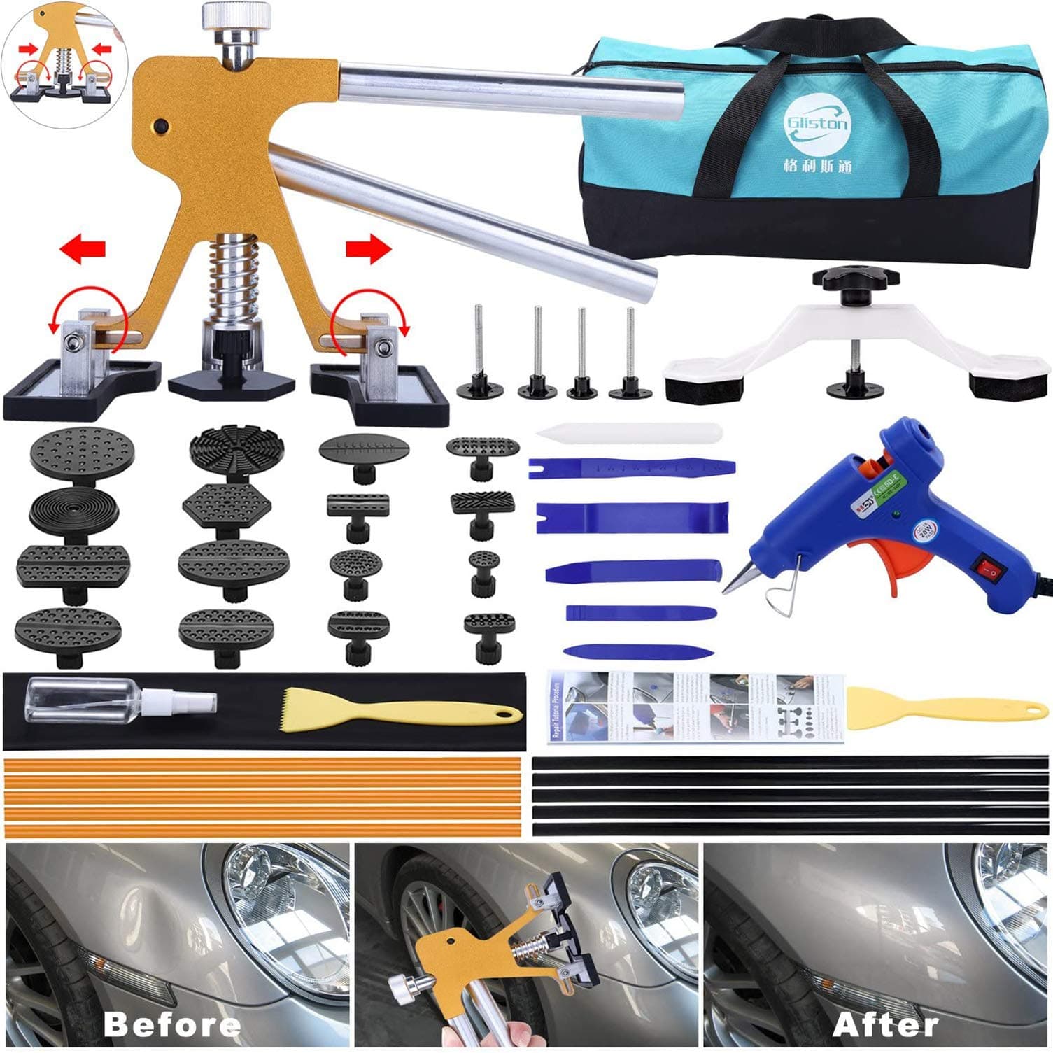 45pcs Paintless Dent Repair Tool Dent Puller Kit, Adjustable Width, Pops a Dent Car Dent Removal Kit, PDR Golden Lifter, Bridge Puller& Glue Gun for Automobile Body Motorcycle Refrigerator