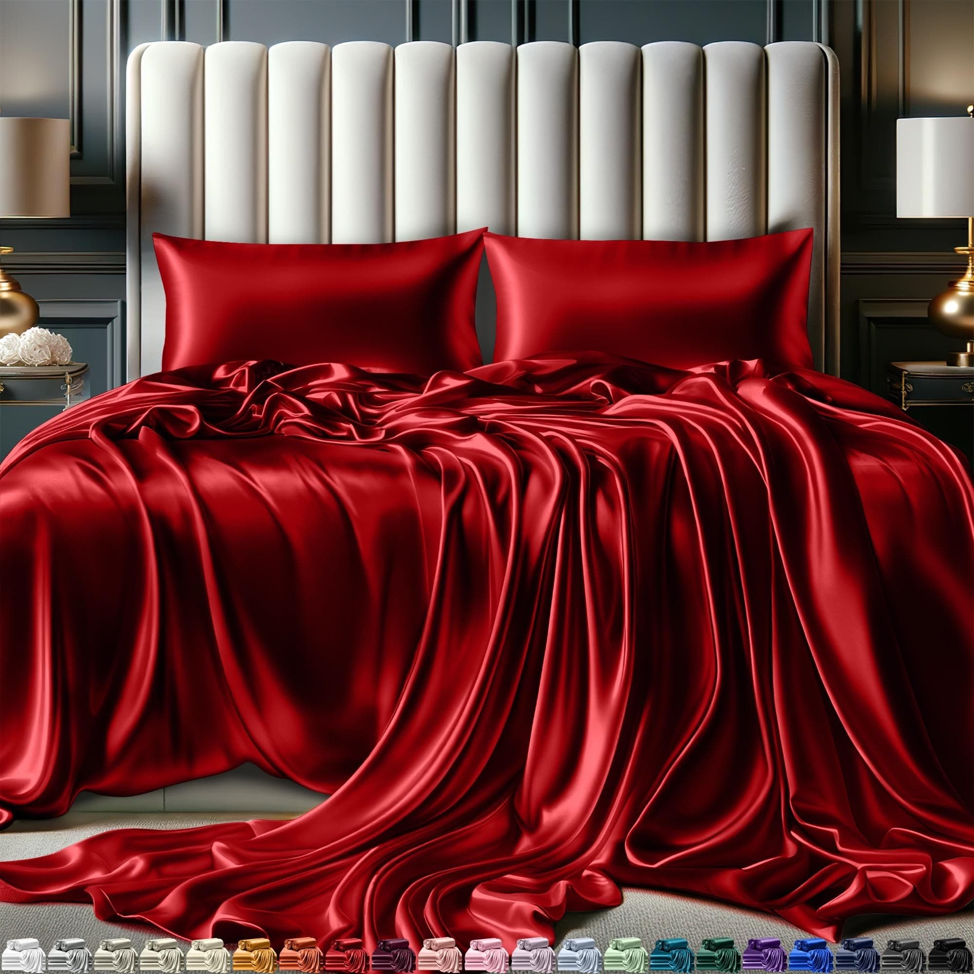 DECOLURE Satin Sheets Queen Size Set 4 Pcs - Silky & Luxuriously Soft Satin Bed Sheets w/ 15 inch Deep Pocket - Similar to Silk Sheets - Double Stitching, Wrinkle Free (Red)