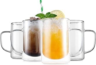 LUXU Double Wall Glass Coffee Mugs(4-Pack)-12 Ounce,Insulated Layer Coffee Tea Cups,Beverage Coffee Glasses with Handle,Clear Borosilicate Mugs for Cappuccino,Latte,Espresso,Water,Hot or Cold Drinks