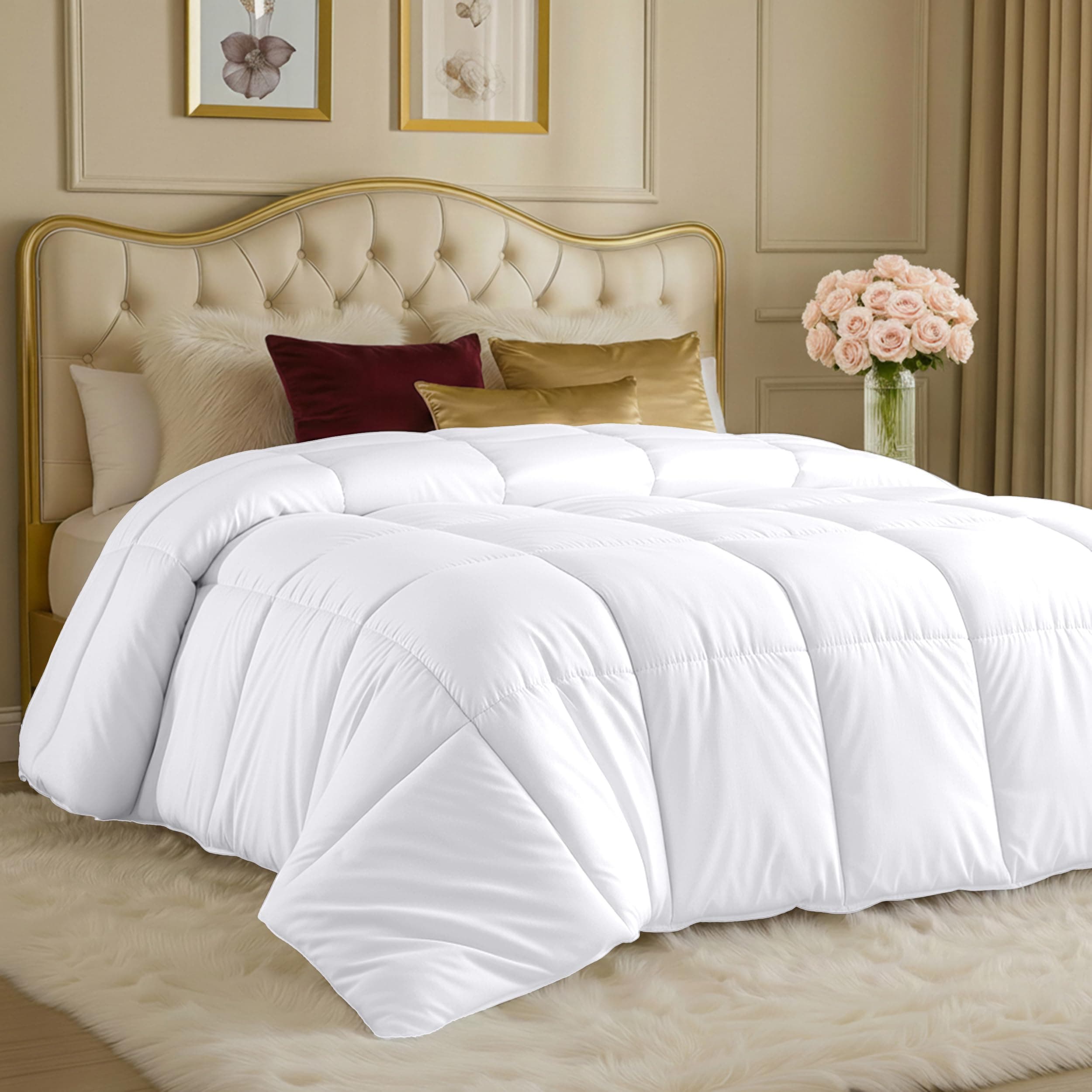 4.5 tog Queen Size Duvet with Corner Tabs, Microfiber Soft Breathable Duvet, Box Stitched All Year Round (Queen, White)