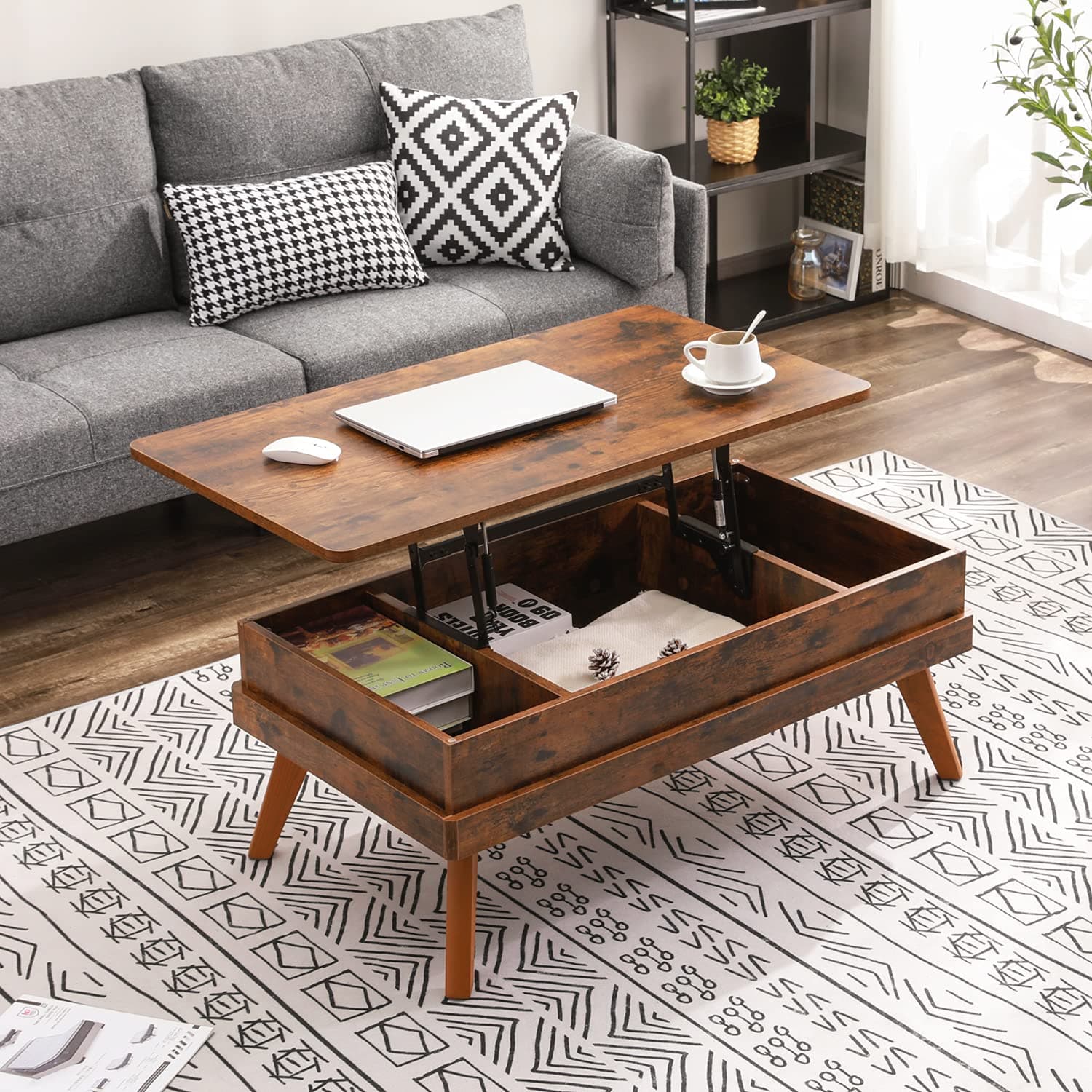 Lift Top Coffee Table, Easy-to-Assembly Center Table with Hidden Storage Compartment, Industrial Lift Tabletop Dining Table for Living Room Reception/Home Office, Rustic Brown