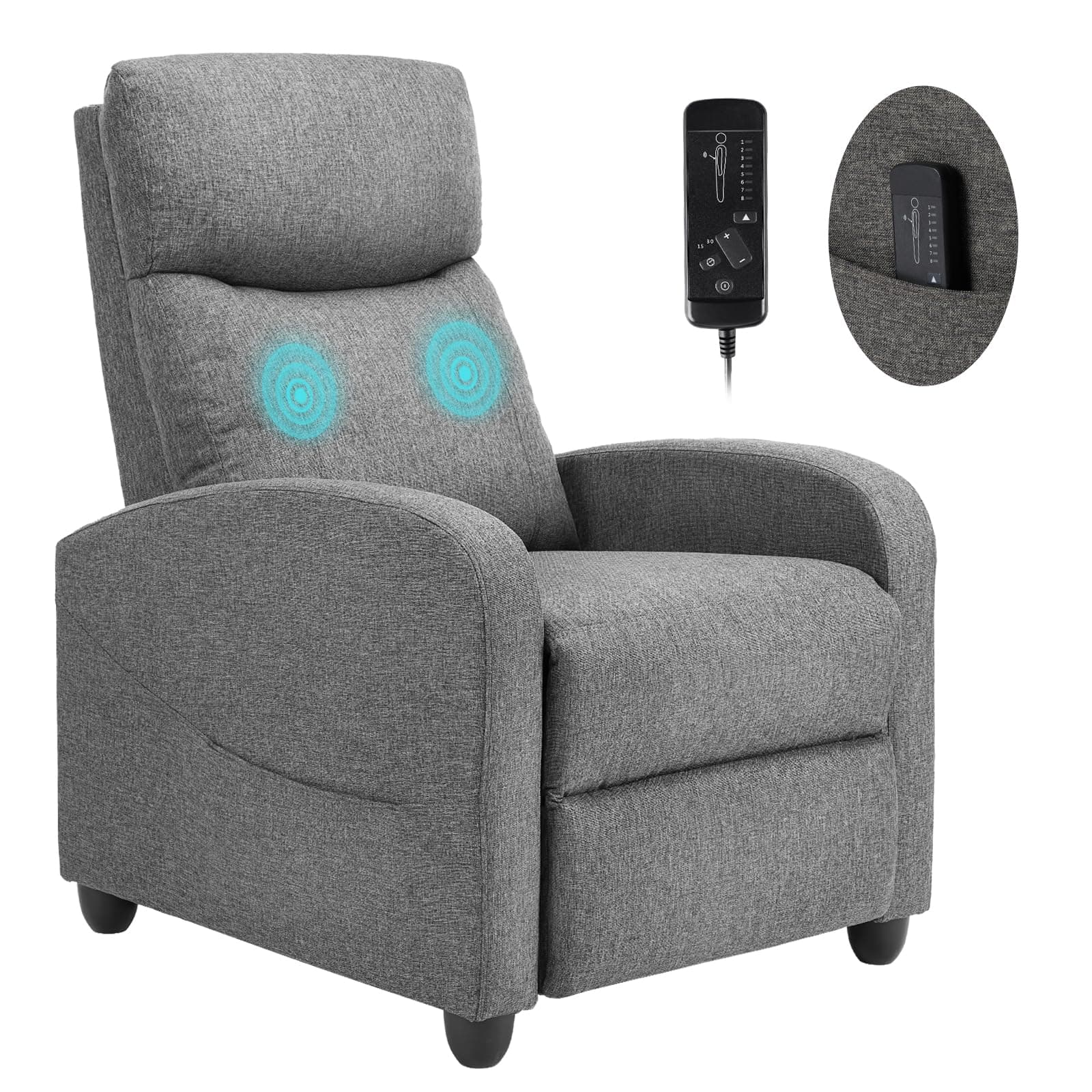 Sweetcrispy Recliner Chair for Adults Small Sofa Massage Fabric with Lumbar Support, Modern Adjustable Recliner Chair with Padded Backrest for Living Room (Grey), Metal, Small