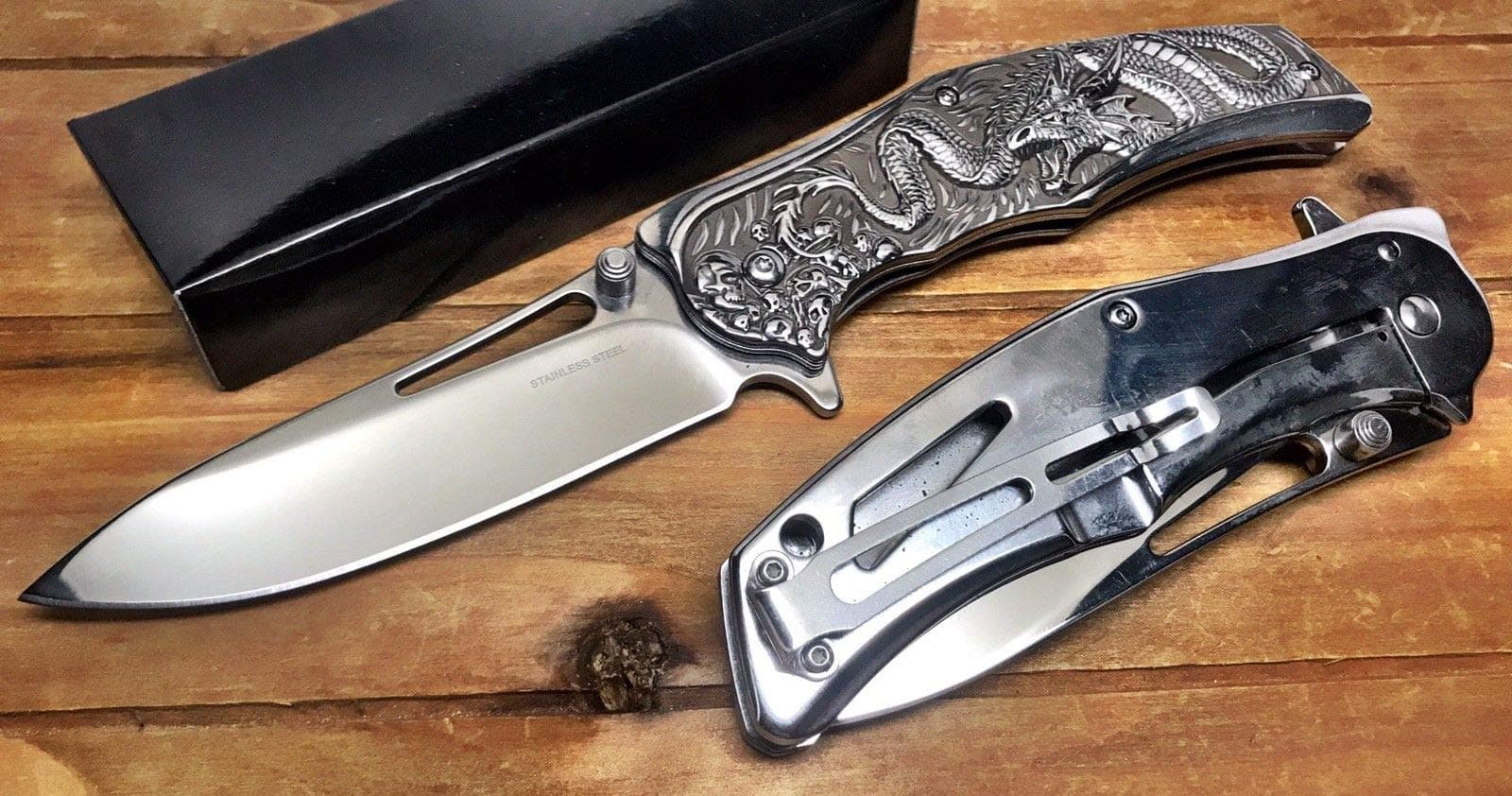 Spring Assisted Pocket Knife Sharp and Strong Stainless Steel Blade, Folding Hunting Dagger for Survival and Defence, Variety of Designs and Colors (Silver)
