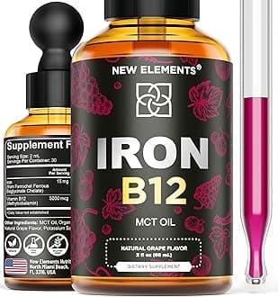 New Elements Liquid Iron Supplement for Women & Men with Vitamin B12 5000mcg - Free Blood Builder for Anemia - Liquid Vitamin B12 Drops for Adults with MCT Oil, Natural Grape Flavor, 2 Fl Oz