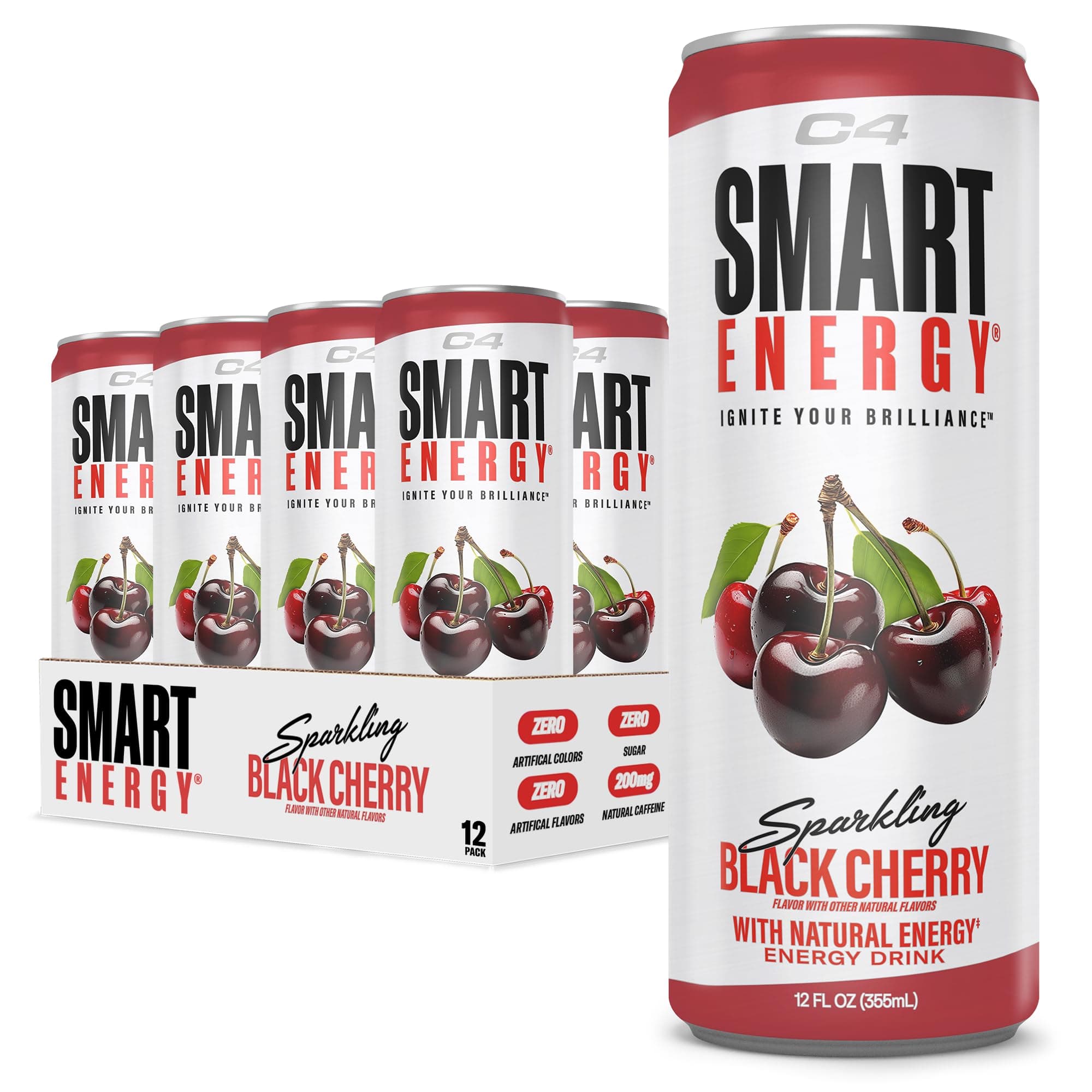 - C4 Smart Energy Drink – Boost Focus and Energy with Zero Sugar, Natural Energy, and Nootropics - 200mg Caffeine - Black Cherry (12oz Pack of 12)