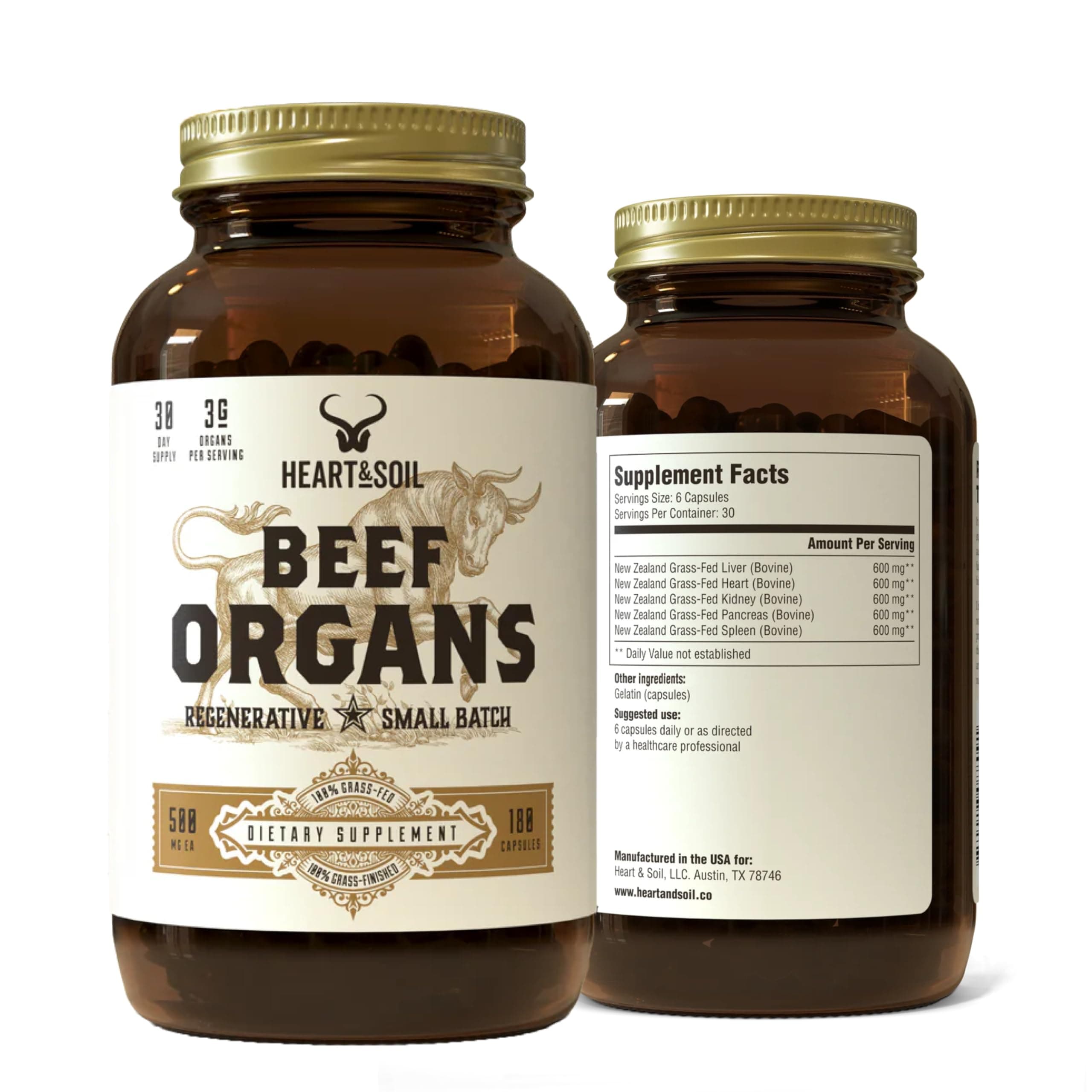 Beef Organs Complex — Grass Fed Liver, Heart, Kidney, Pancreas, and Spleen for Complete Nose to Tail Nutrition (180 Capsules)