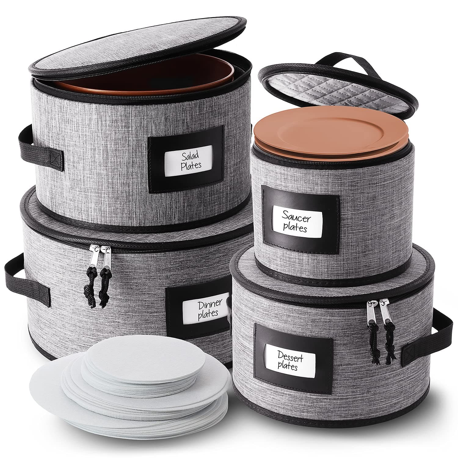 Fine China Storage Containers Hard Shell, 4 Piece Dish Storage Containers, Quilted Plate Storage Containers, Stackable Dish Organizer with Dividers, Dinnerware Storage for Moving and Seasonal Storage