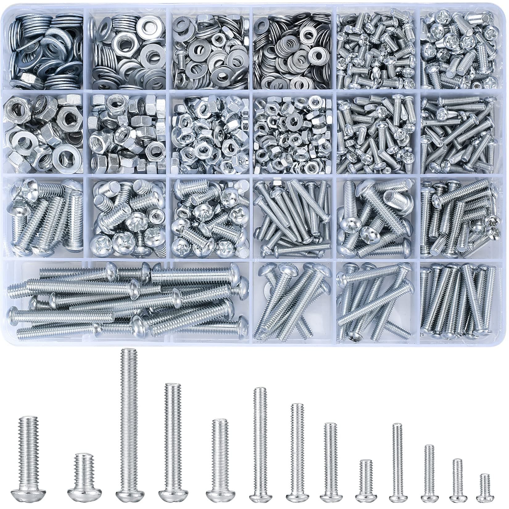 – 1080 Pcs Round Head Screws Nuts Flat Washers Assortment Kit, M3 M4 M5 M6 Cross Pan Head Machine Screws and Hex Bolts and Nuts Sets - 900g/16 Size (silvery 1080)