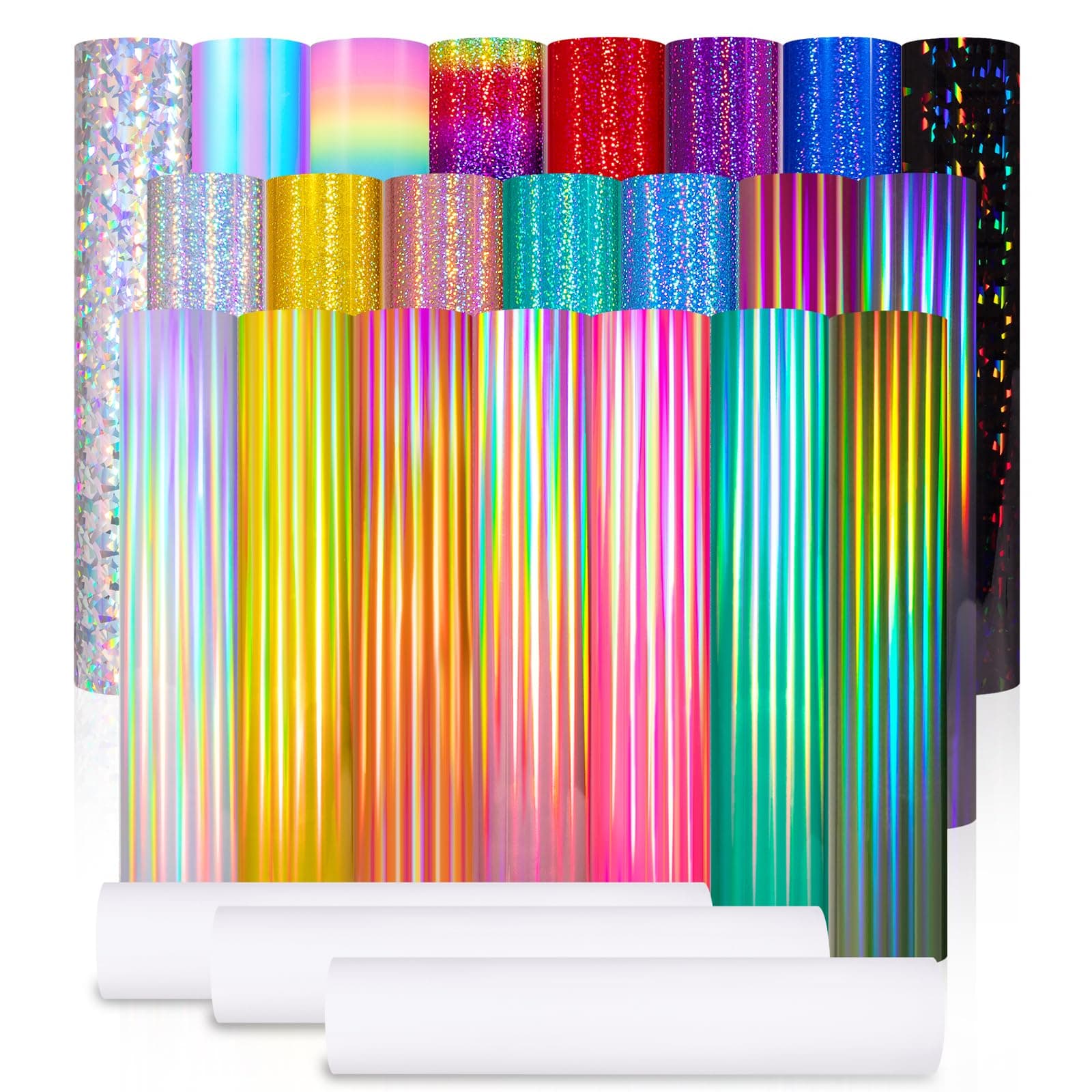 VINYL FROG Holographic Permanent Vinyl Bundle 25 Pack Rainbow Permanent Adhesive Vinyl Sheets 22 Assorted Colors Self Adhesive Vinyl with 3 Transfer Tape for DIY Deco Sticker Projects