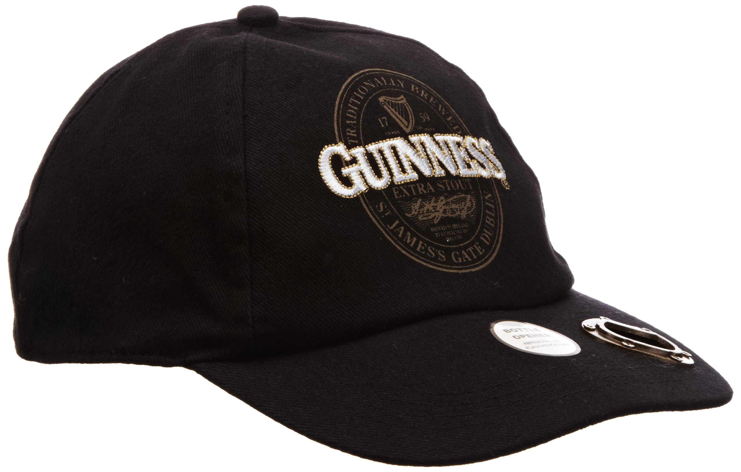Baseball Cap with Extra Stout Bottle Label Print and Bottle Opener on Peak, Black Colour (One Size)…