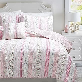 Pink Flower Lace Ruffle Stripe Shabby Chic Girl 100% Cotton Reversible Quilt Bedding Set, Coverlet, Bedspread (Pink Lace, Queen - 3 Piece: 1 Quilt + 2 Shams)