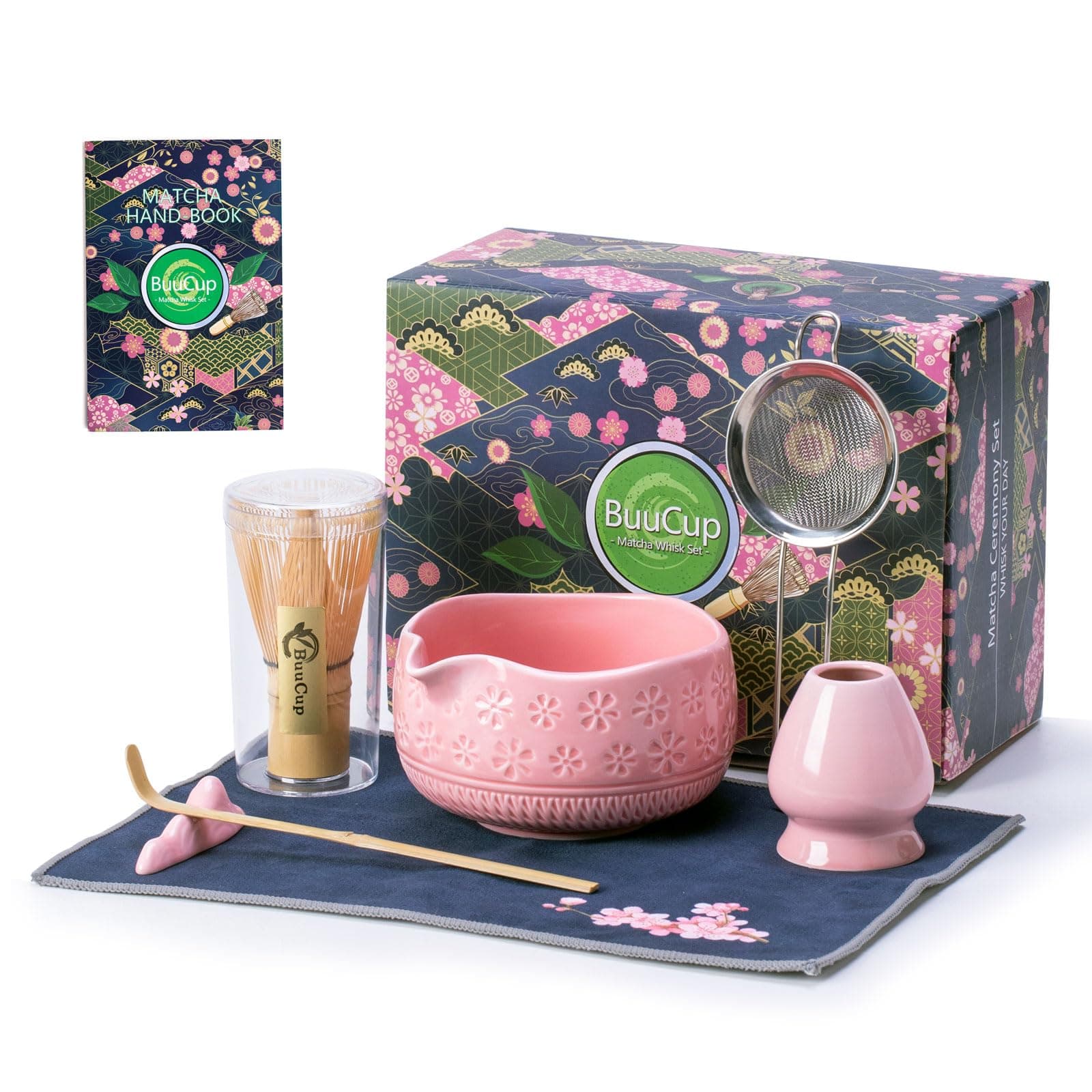 Buucup Matcha Whisk Set, Ceramic Matcha Kit Set Includes Matcha Bowl, Matcha Whisk and Holder, Bamboo Scoop, Scoop Rest, Sifter and Tea Towel - 7 Pcs Matcha Kit for Matcha Lovers (Pink)