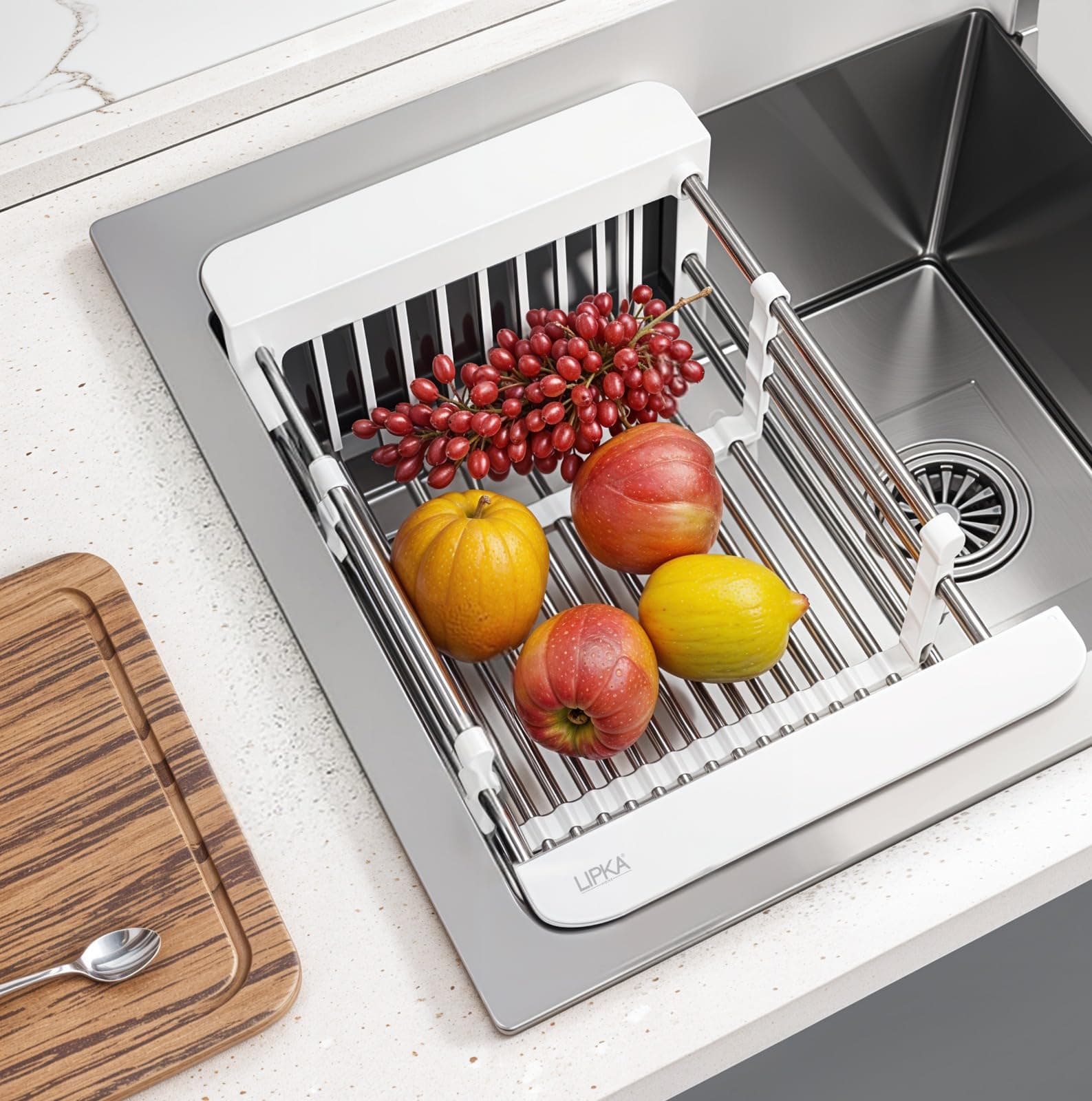 Lipka Adjustable Sliding Vegetable Basket for Kitchen Sinks | Expandable Upto 50cm | Stainless Steel Retractable Kitchen Dish Dryer/Rack Sink Basket | Strainer for Utensils, Fruits, Vegetables