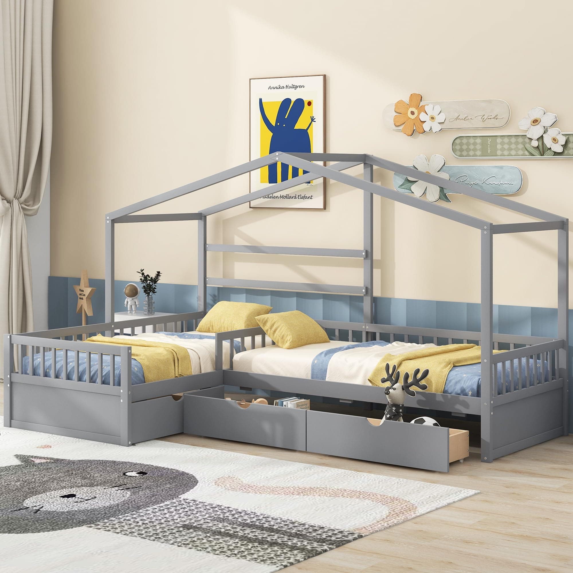 Harper & Bright Designs L-Shaped Platform Bed with Storage Drawers and Roof for Boys Girls, Twin Size House Bed with Fence and 2 Twin Bed for Kids Teens, No Box Spring Needed, Space Saving, Gray