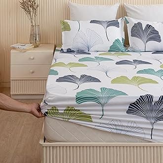HOMEMONDE 100% Cotton Fitted Bed Sheet for Super King Size Bed, Leaf Printed All Around Elastic Bedsheet 84x78 Inch with 2 Pillow Cover | Perfect for Home Decor & Gifting
