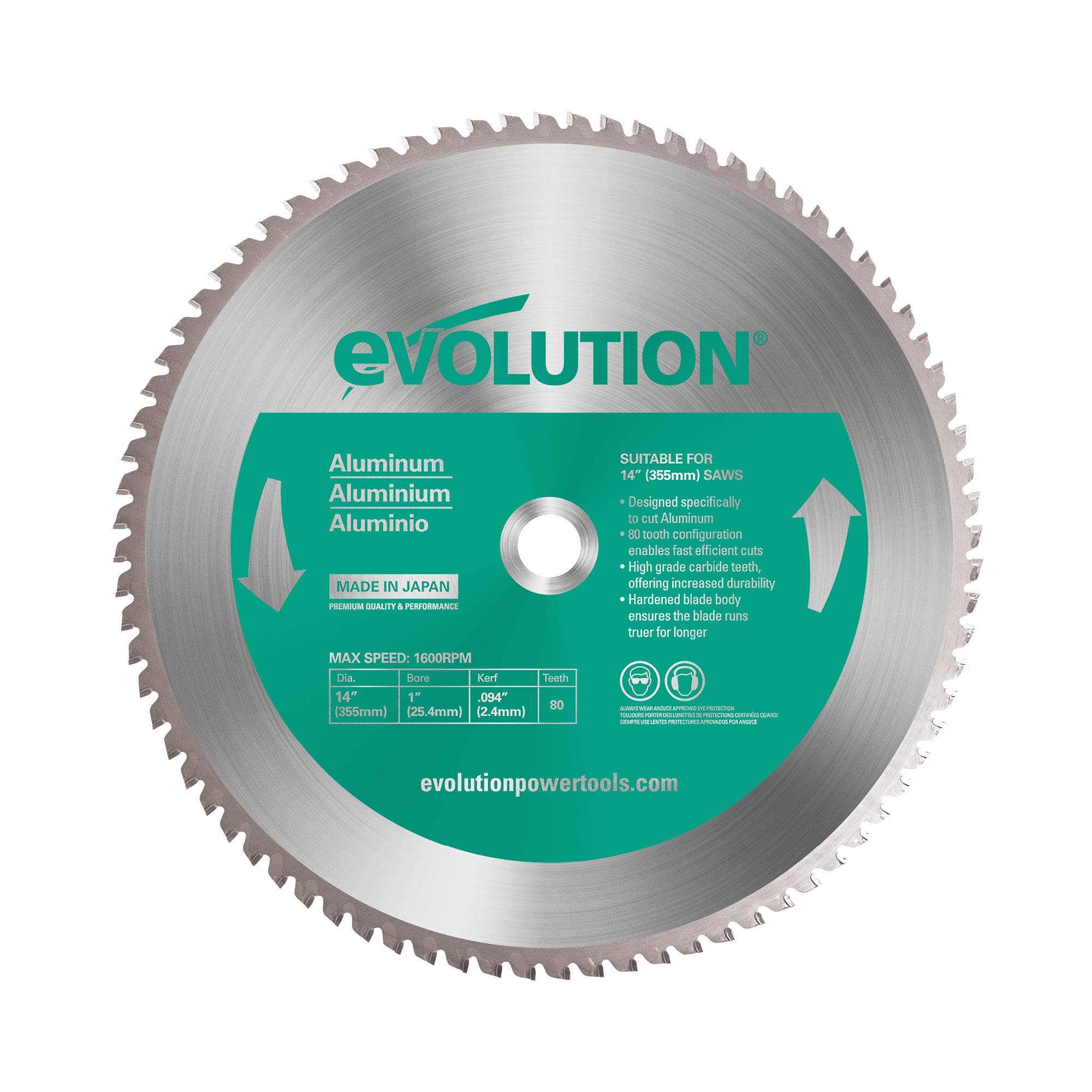 Evolution 14BLADEAL14" 80T Aluminum Blade TCT Saw Blade for Evolution S14CPS, S15CPS, S355MCS, S355CPSL, S380CPS, EVOSAW380 1" Arbor Max 1600 RPM Precision Aluminum Cutting for Metalworking