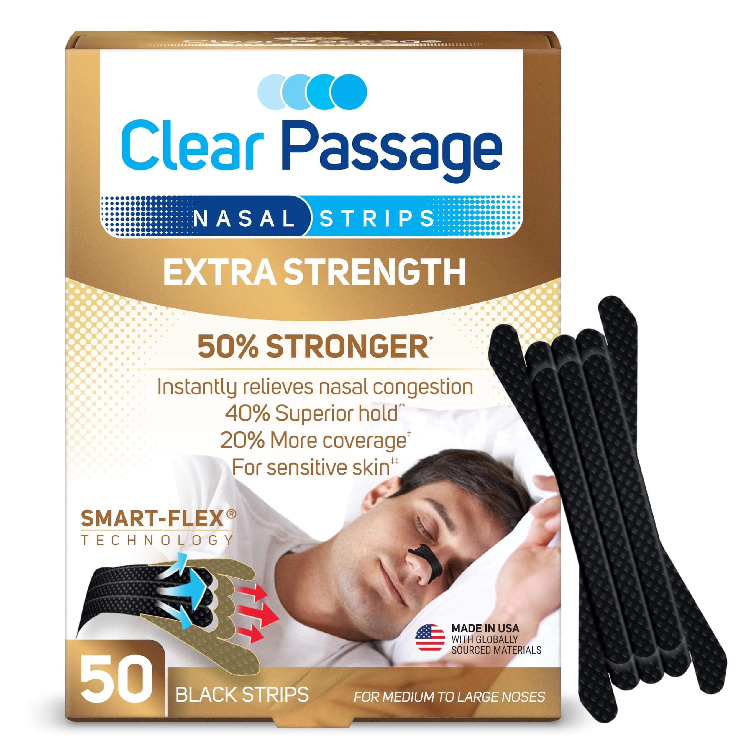 Clear Passage Extra Strength Nasal Strips 50 Ct, Nasal Dilators for Men & Women, Anti Snoring, Instant Congestion Relief for Cold & Allergy, Improves Sleep, Better Performance, for Day & Night, Black