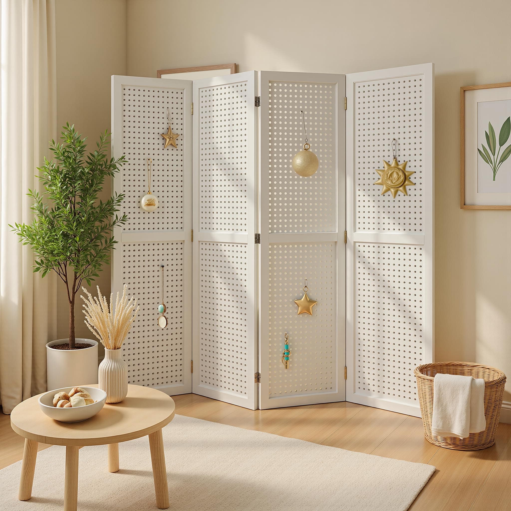 Room Divider 4 Panel 5.6FT Partition Room Dividers Freestanding Wooden Privacy Screen with Peg Board Display for Apartment and Office, White