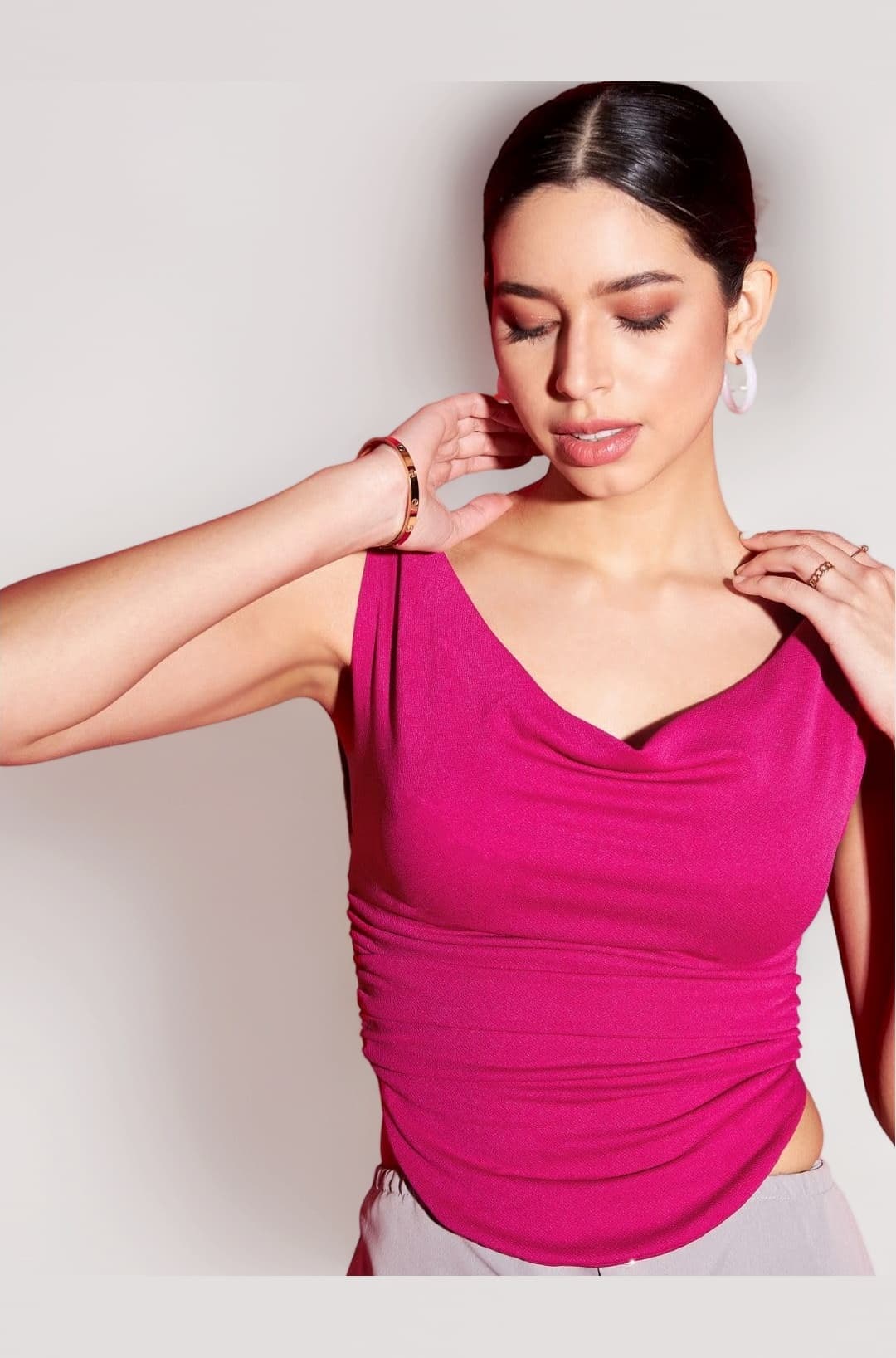 Uptownie Women Top | Stretchable Cowl Neck Ruched Design | Sleeveless & Knitted Fabric for Casual Soft & Comfortable
