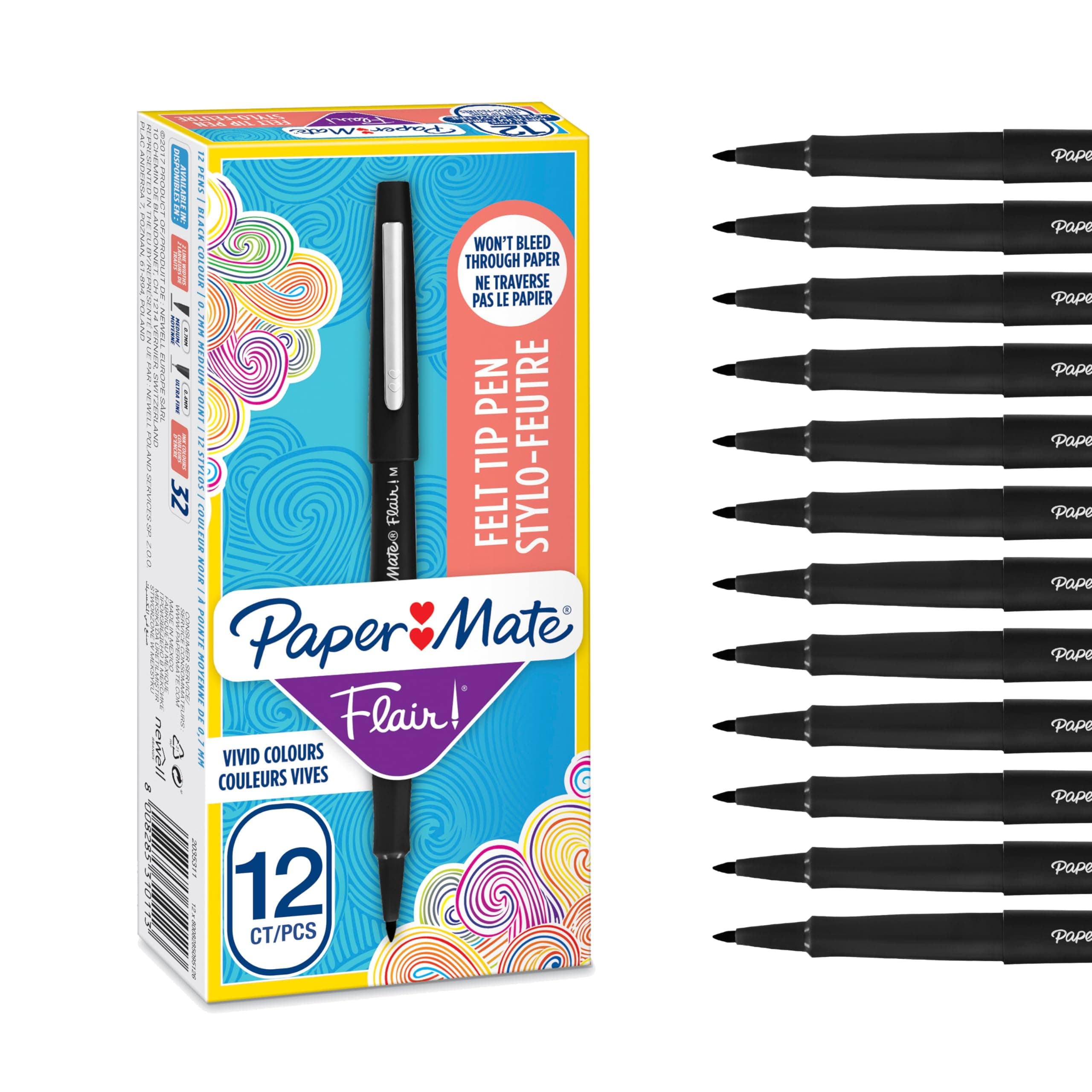 Paper Mate Flair Felt Tip Pens | Medium Point (0.7 mm) Writing Pens | Black Pens | For Writing, Drawing & Sketching | 12 Count