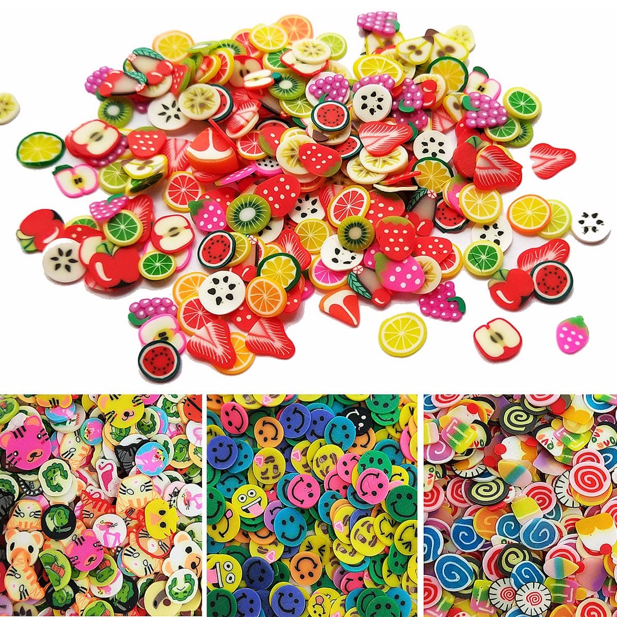 Czorange 5000 Pcs Nail Art Slice Decorations 3D Assorted Fruit Animal Slice Fruit Charms for Slime (Fruit, Cake, Animal, Smile)