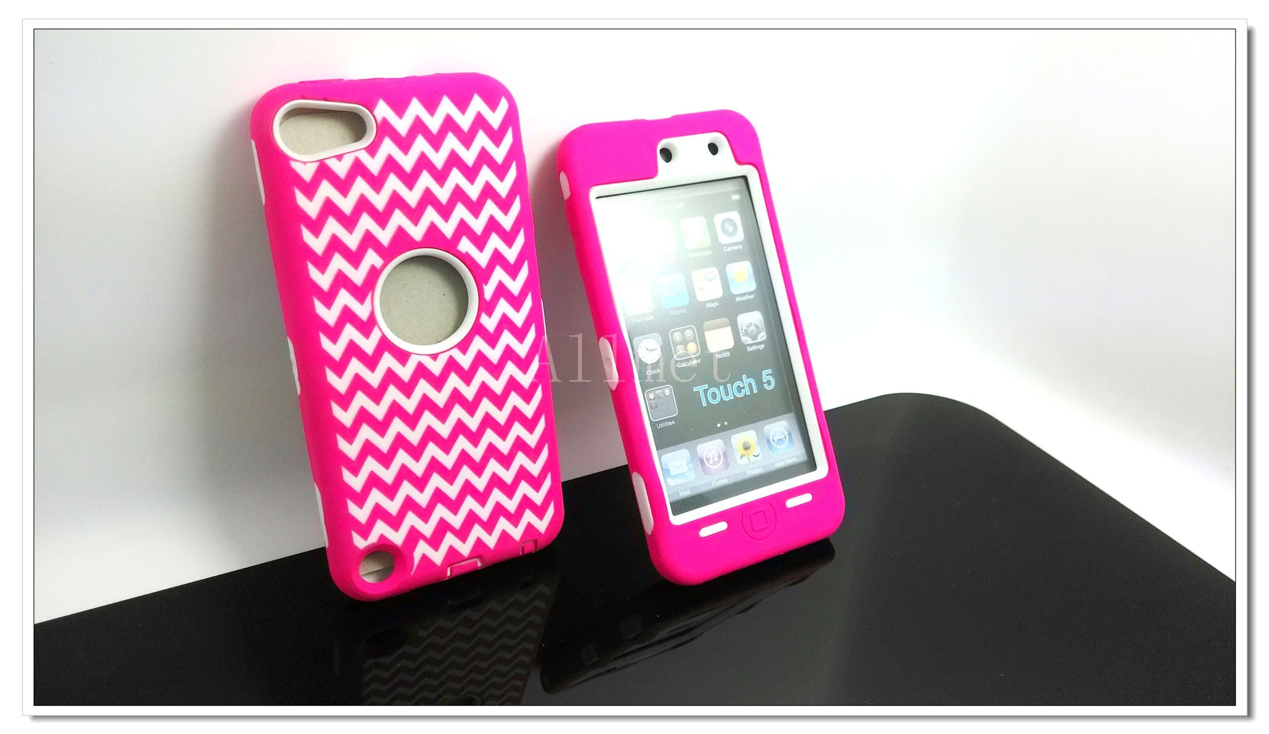 DELUXE Wave Pattern Hybrid Rubber Silicone Cover Case For iPod Touch 5 5th 5G, Wavy Line Print Hard Soft High Impact Hybrid Armor Case Combo for Apple iPod Touch 5 5th Generation, Hybrid 3 PIECE Body Armor PROTECT CASE COVER SKIN FOR IPOD TOUCH 5 5TH. (Pink+White)