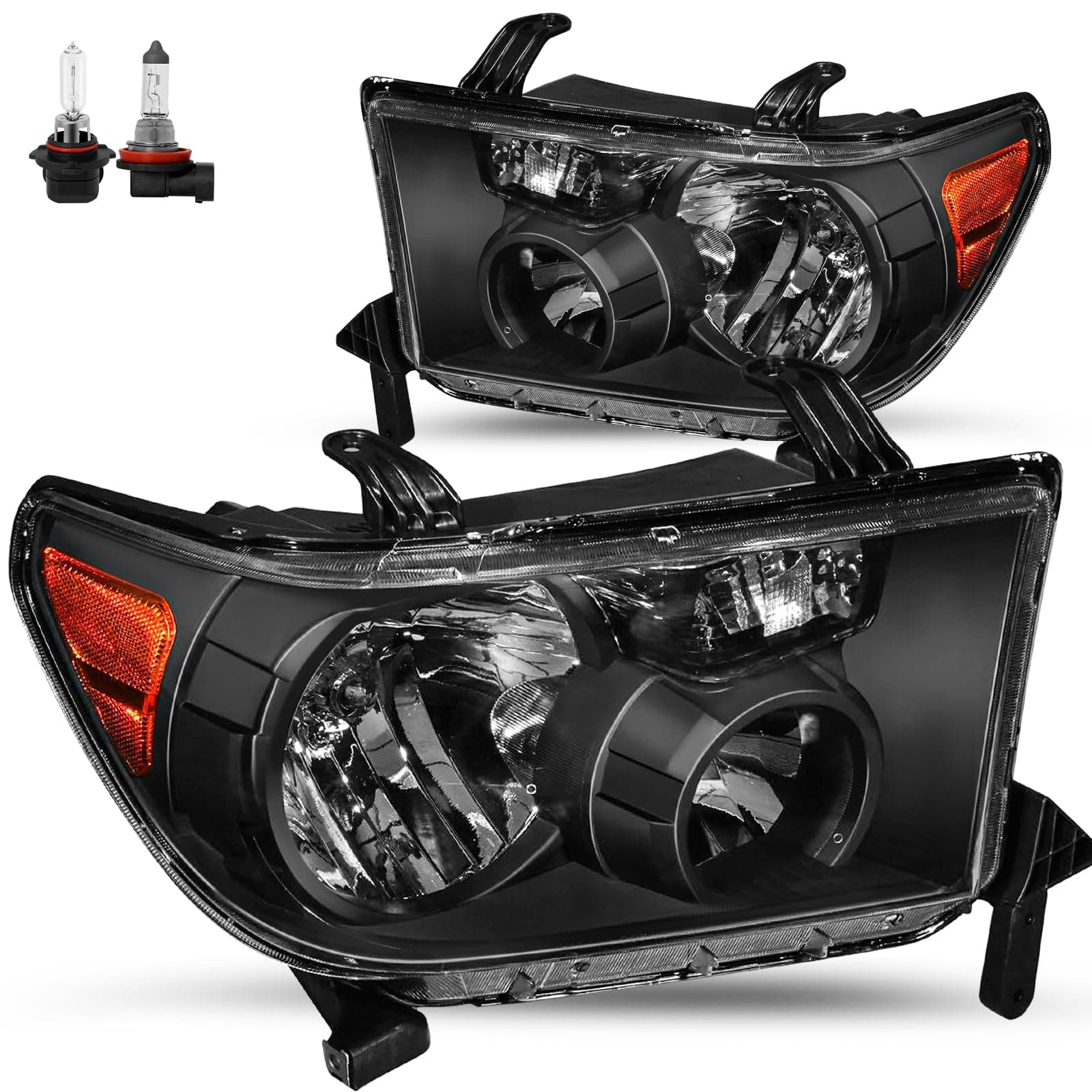 JSBOYAT Headlight Assembly Replacement for 2007 2008 2009 2010 2011 2012 2013 Toyota Tundra / 2008-2017 Sequoia Headlamp Replacement Black Housing (Bulbs Included) W/O Headlight Leveling Adjuster