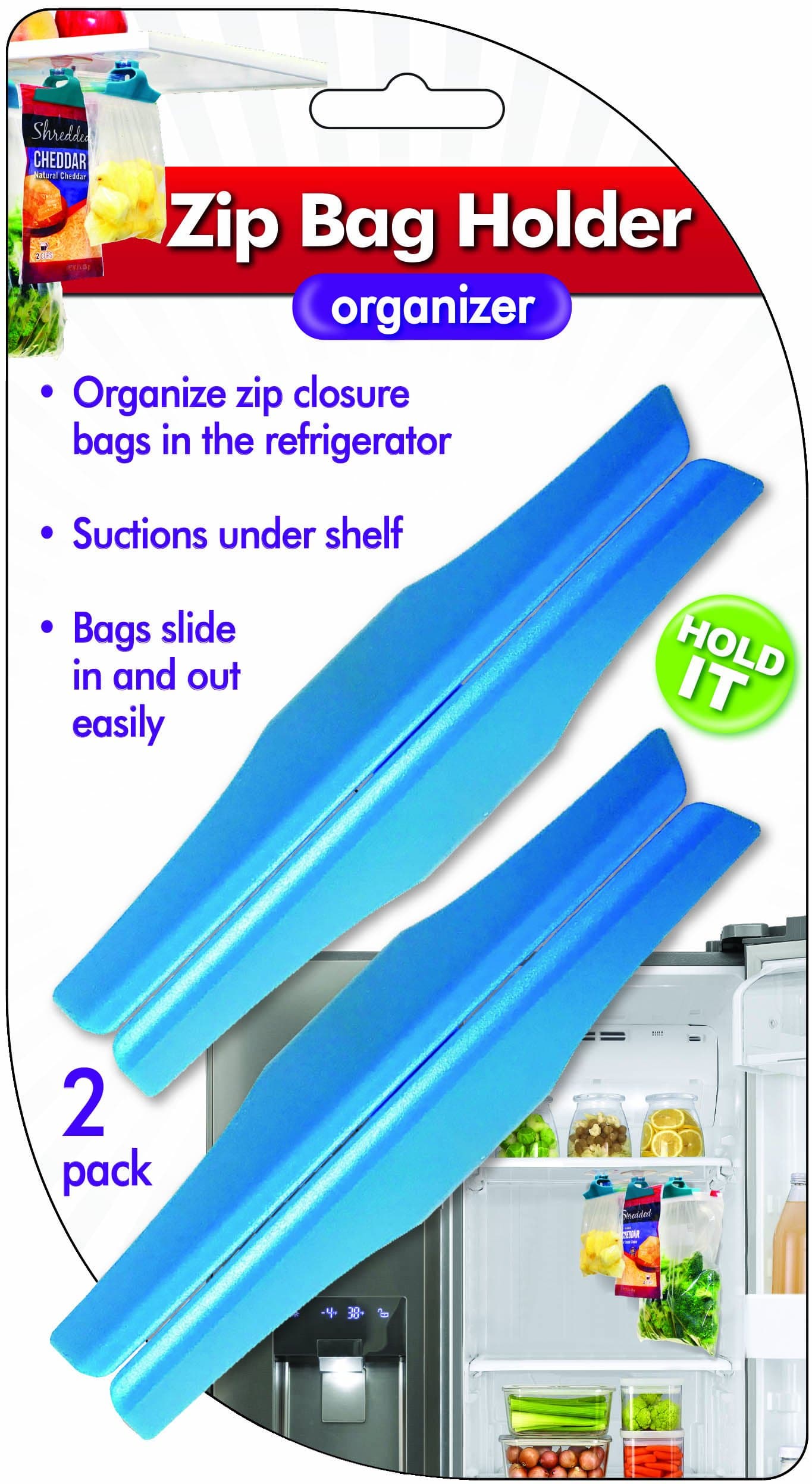 Zip Bag Holder, Best Fridge Storage Hack - Suction Cups Hold Baggies Under Refrigerator Shelves for Easy Removal, Just Slide In or Out of Clip, Holds Up to One Gallon Zip or Freezer Baggy (2 pack)
