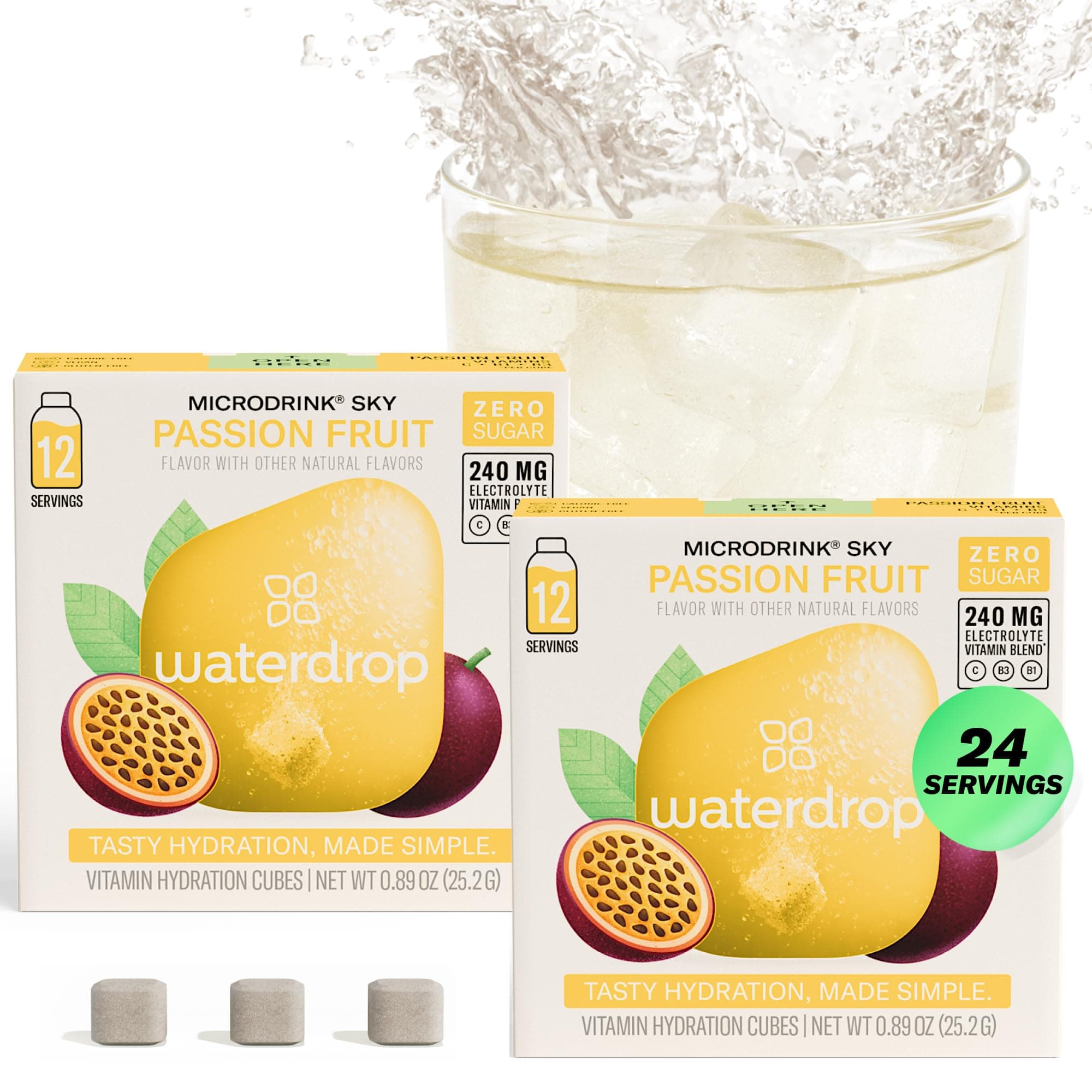 - Waterdrop Hydration Cubes, Pineberry, Passion Fruit & Pear, Vitamin C, B1 & B3, On The Go Water Enhancer Drops for Still & Sparkling Water, Low Calorie, Zero Sugar, Gluten Free, Non GMO, Vegan, 24 CT