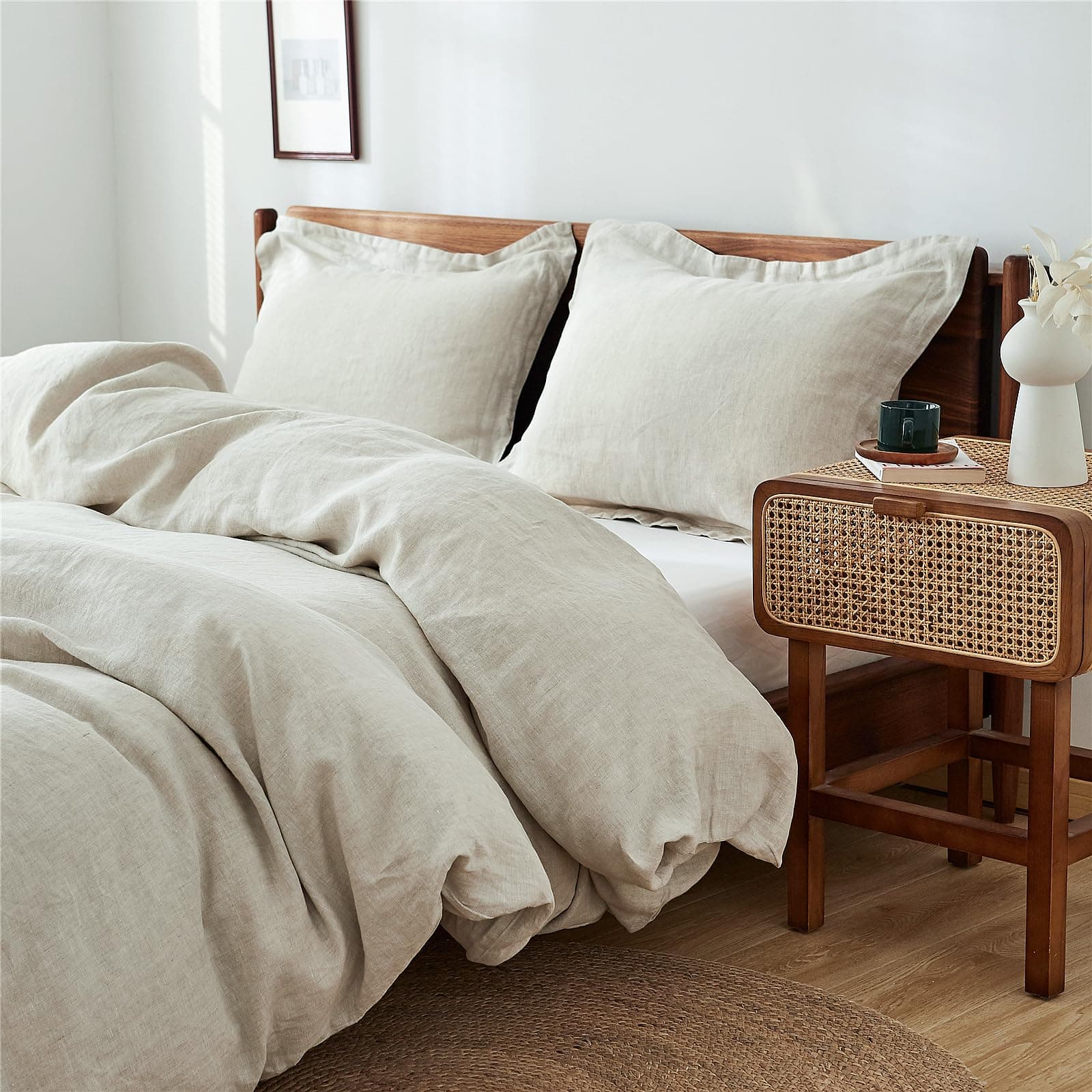 100% Linen Duvet Cover Set 3pcs Basic Style Natural French Washed Flax Solid Color Soft Breathable Farmhouse Bedding with Button Closure - Linen, King