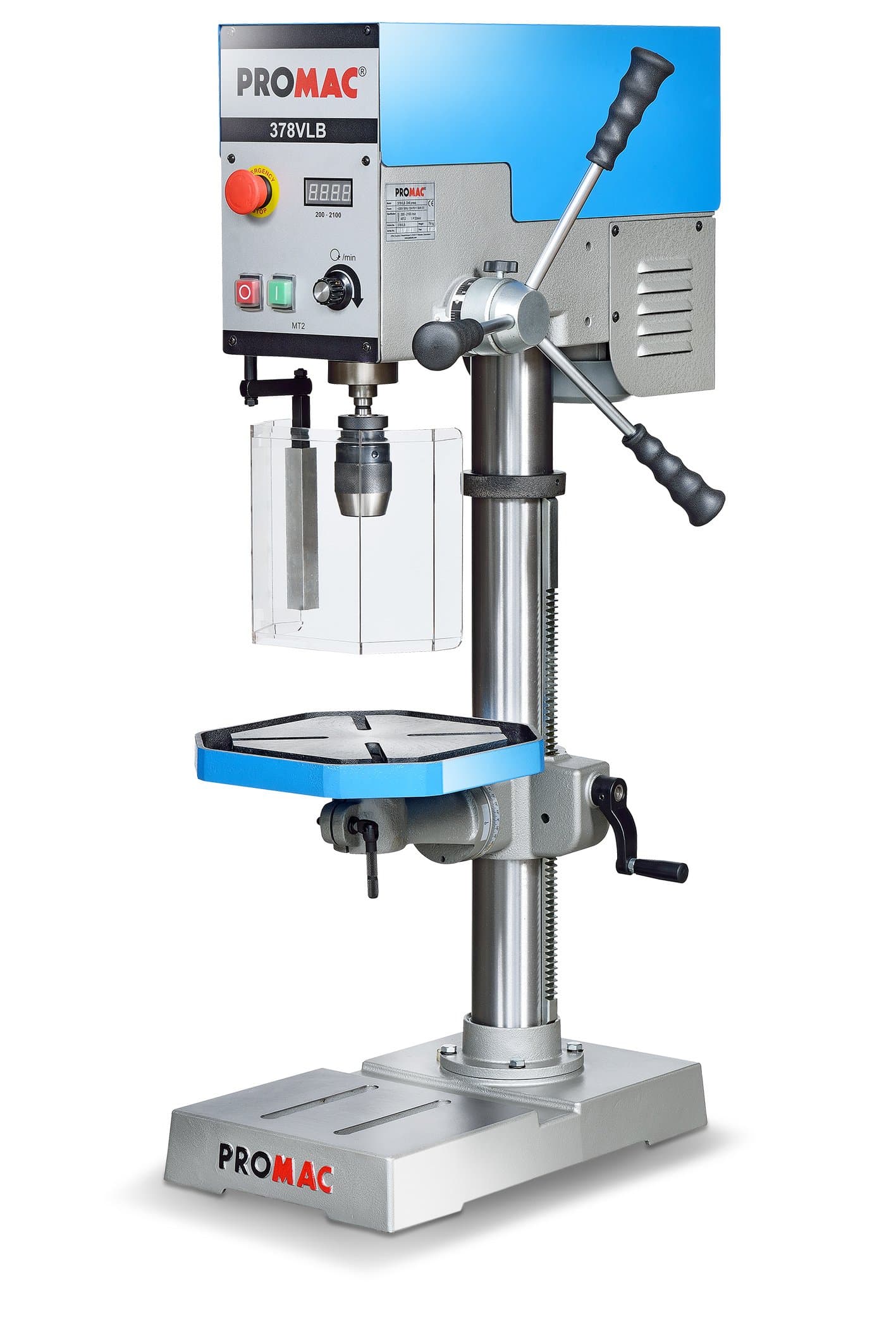 PROMAC 378VLB Drill Press, Variable Speed Benchtop, 230V, 1.2kW, MT2, Speed 150 rpm-2500 rpm, Keyless chuck 16 mm