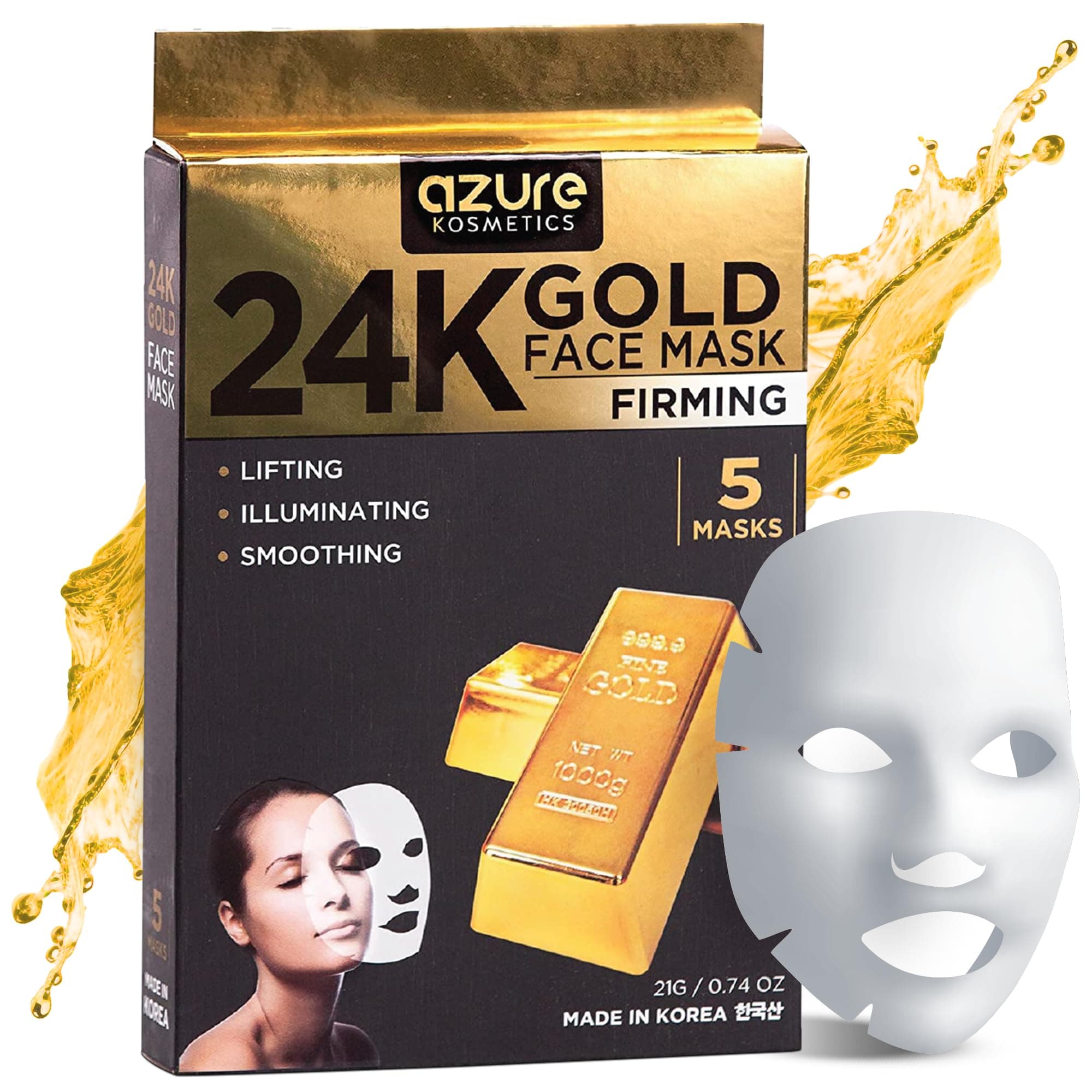 Azure Cosmetics 24K Gold Firming Face Mask- Anti Aging, Hydrating, Toning & Firming Facial Mask - Helps Reduce Wrinkles & Fine Lines with Hyaluronic Acid & Collagen - Made in Korea - Pack of 5