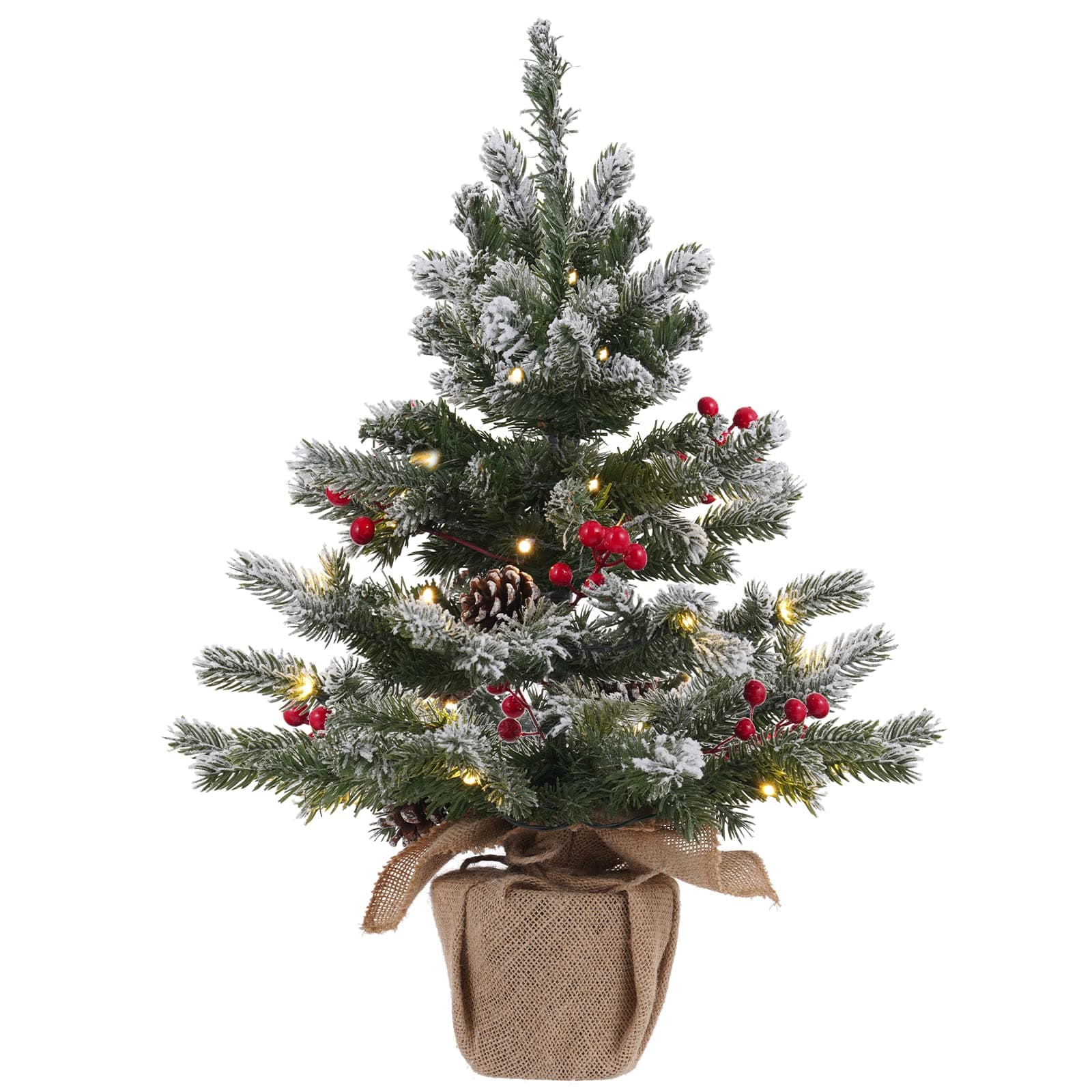 24 Inch 2 FT Pre-lit Snowy Mini Christmas Tree, DECSPAS Small Tabletop Flocked Christmas Tree with 20 LED Lights Red Berries Pine Cones and Cloth Bag Base Xmas Decorations for Holiday Party (Color A)